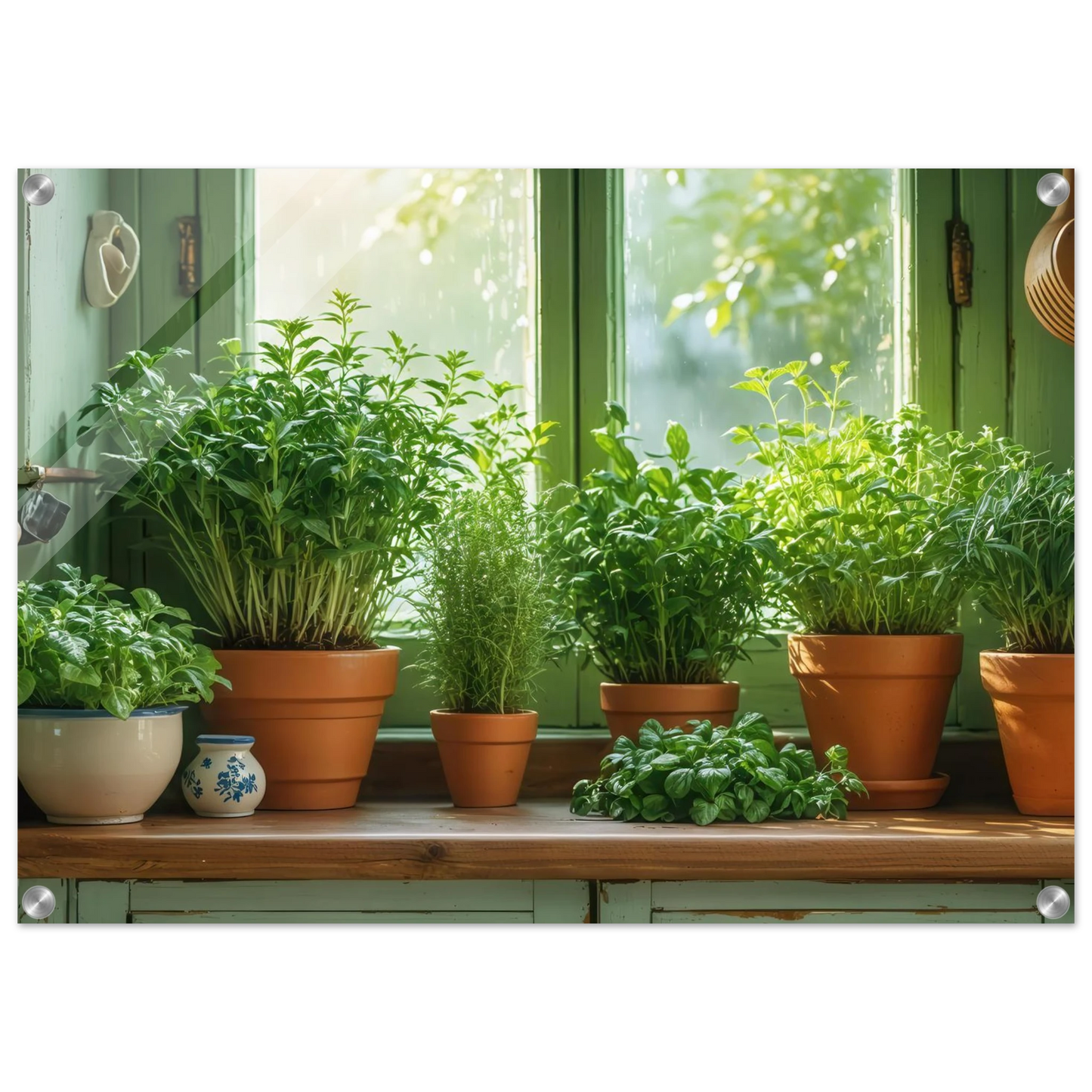 Wandbild mediterrane kraeuter am fenster frische gruen nuancen fuer ihr zuhause in vielen groessen