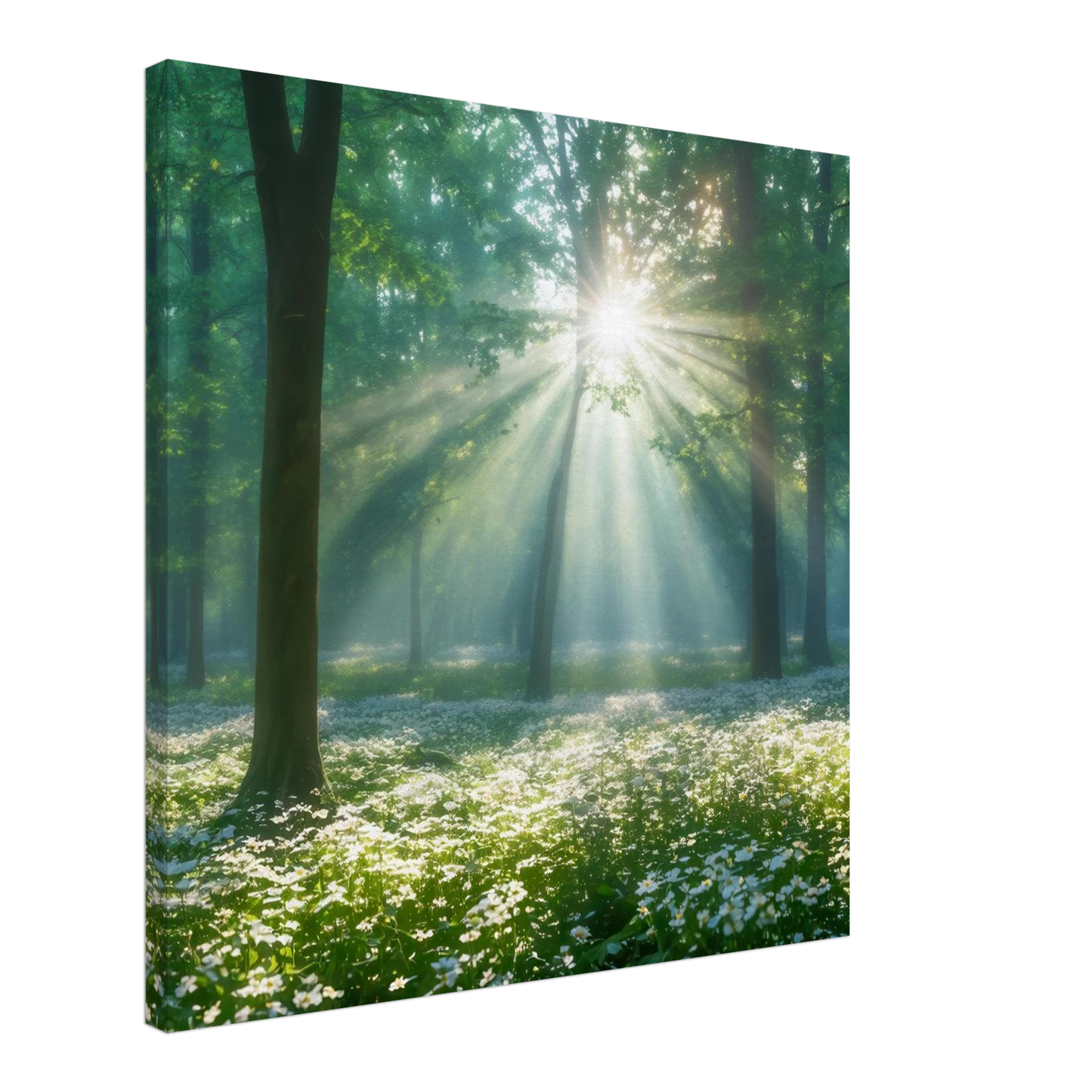 Wandbild mystischer wald sonnenstrahlen im gruenen bluetenmeer