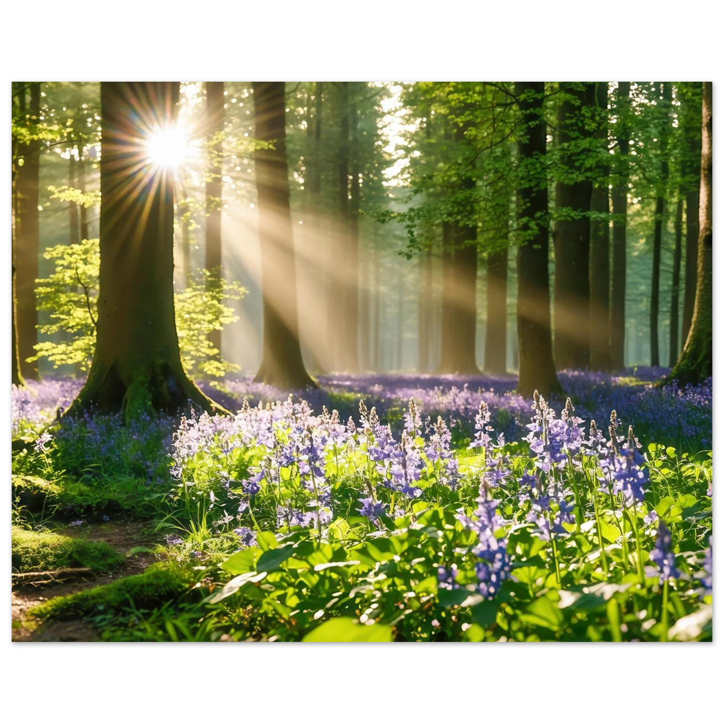 Wandbild mystischer morgenwald mit sonnenstrahlen und lila blueten in vielen groessen
