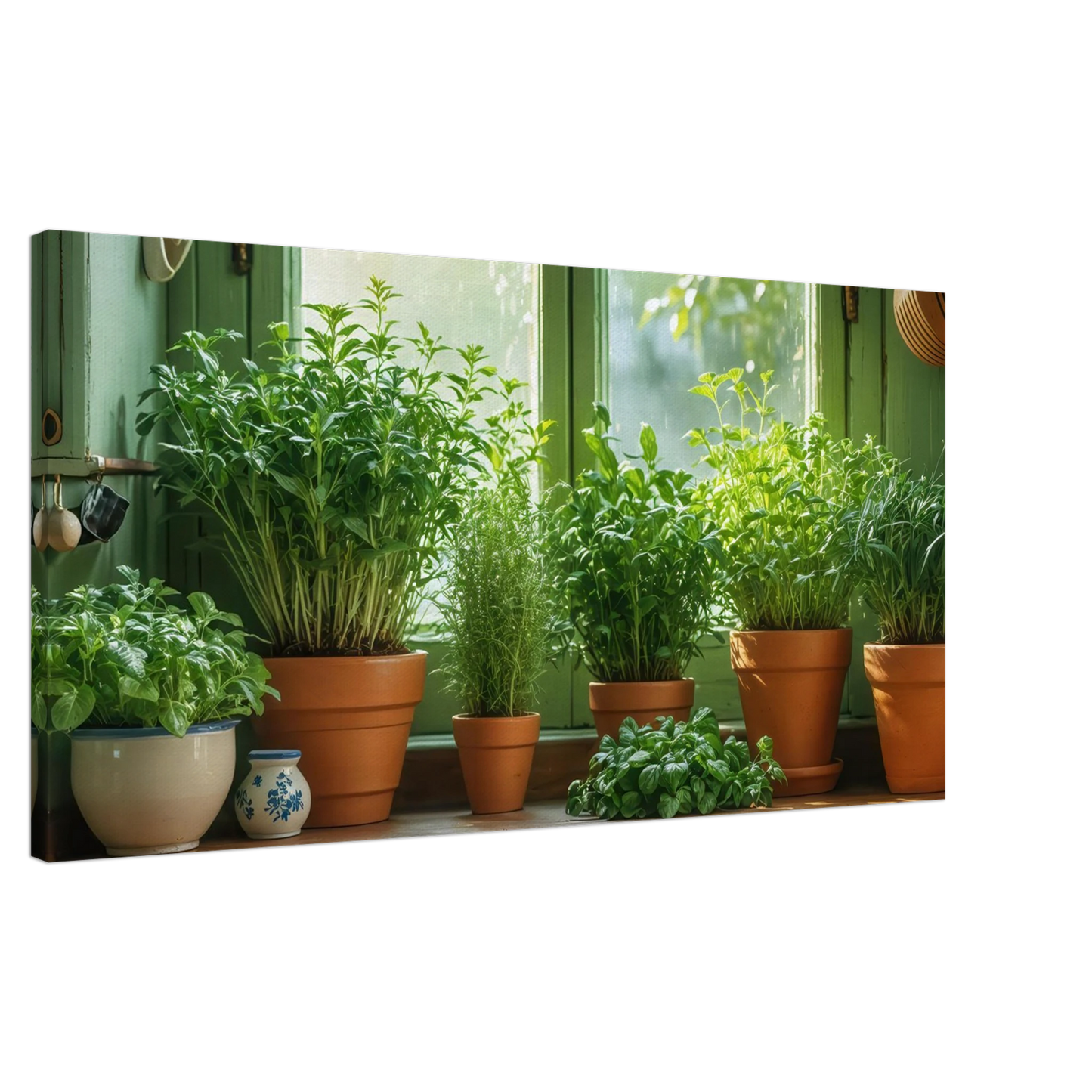 Wandbild mediterrane kraeuter am fenster frische gruen nuancen fuer ihr zuhause in vielen groessen