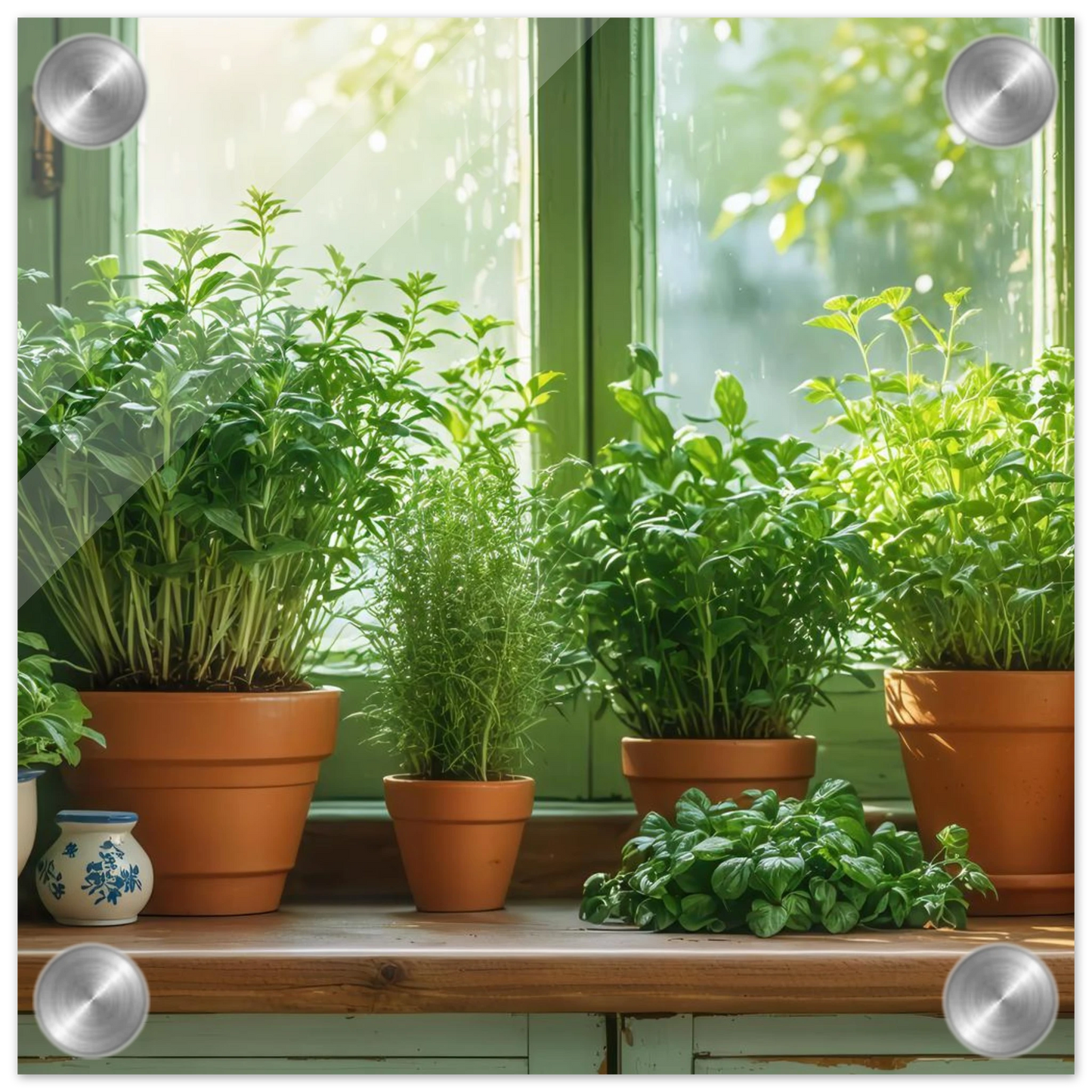 Wandbild mediterrane kraeuter am fenster frische gruen nuancen fuer ihr zuhause in vielen groessen