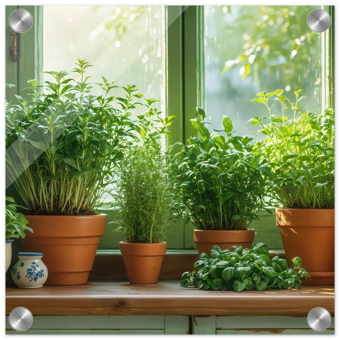 Wandbild mediterrane kraeuter am fenster frische gruen nuancen fuer ihr zuhause in vielen groessen
