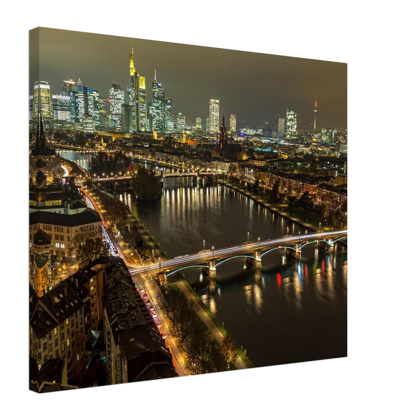 Wandbild golden leuchtende skyline modernes cityscape artwork in variablen groessen