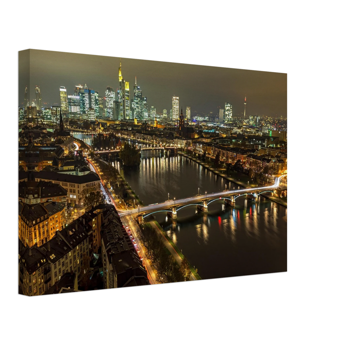 Wandbild golden leuchtende skyline modernes cityscape artwork in variablen groessen