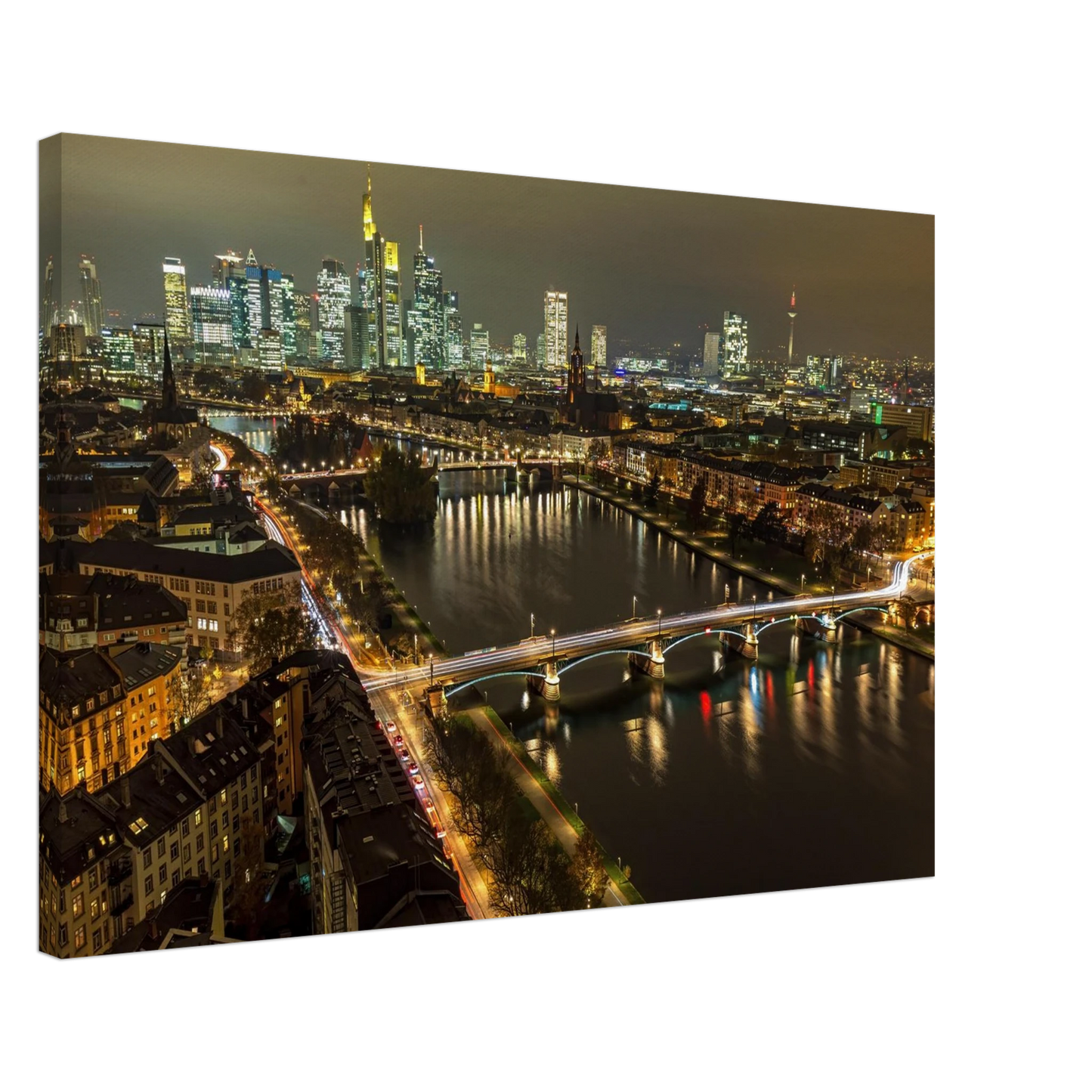 Wandbild golden leuchtende skyline modernes cityscape artwork in variablen groessen