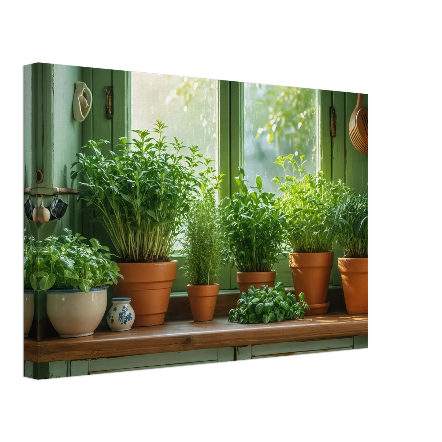 Wandbild mediterrane kraeuter am fenster frische gruen nuancen fuer ihr zuhause in vielen groessen