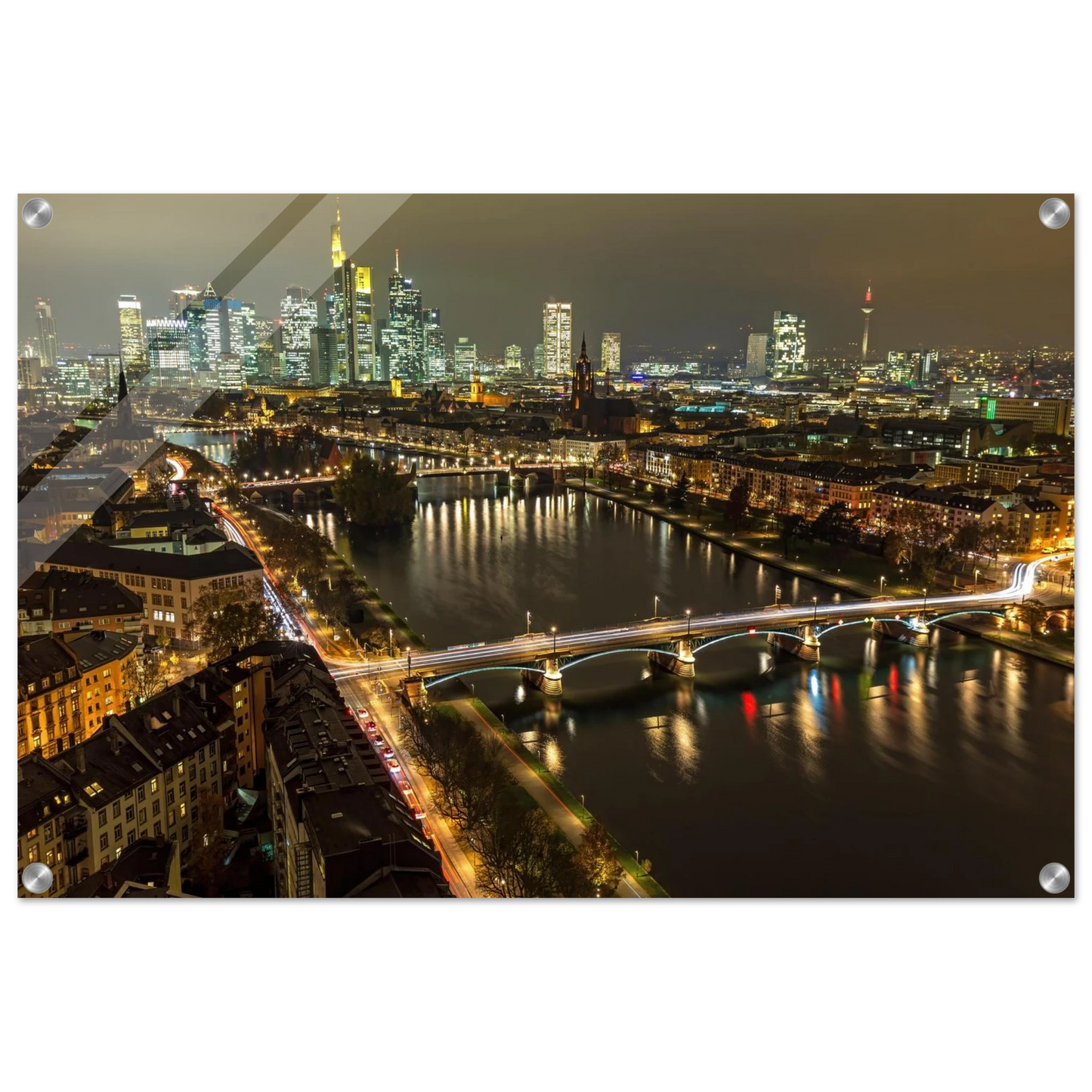 Wandbild golden leuchtende skyline modernes cityscape artwork in variablen groessen