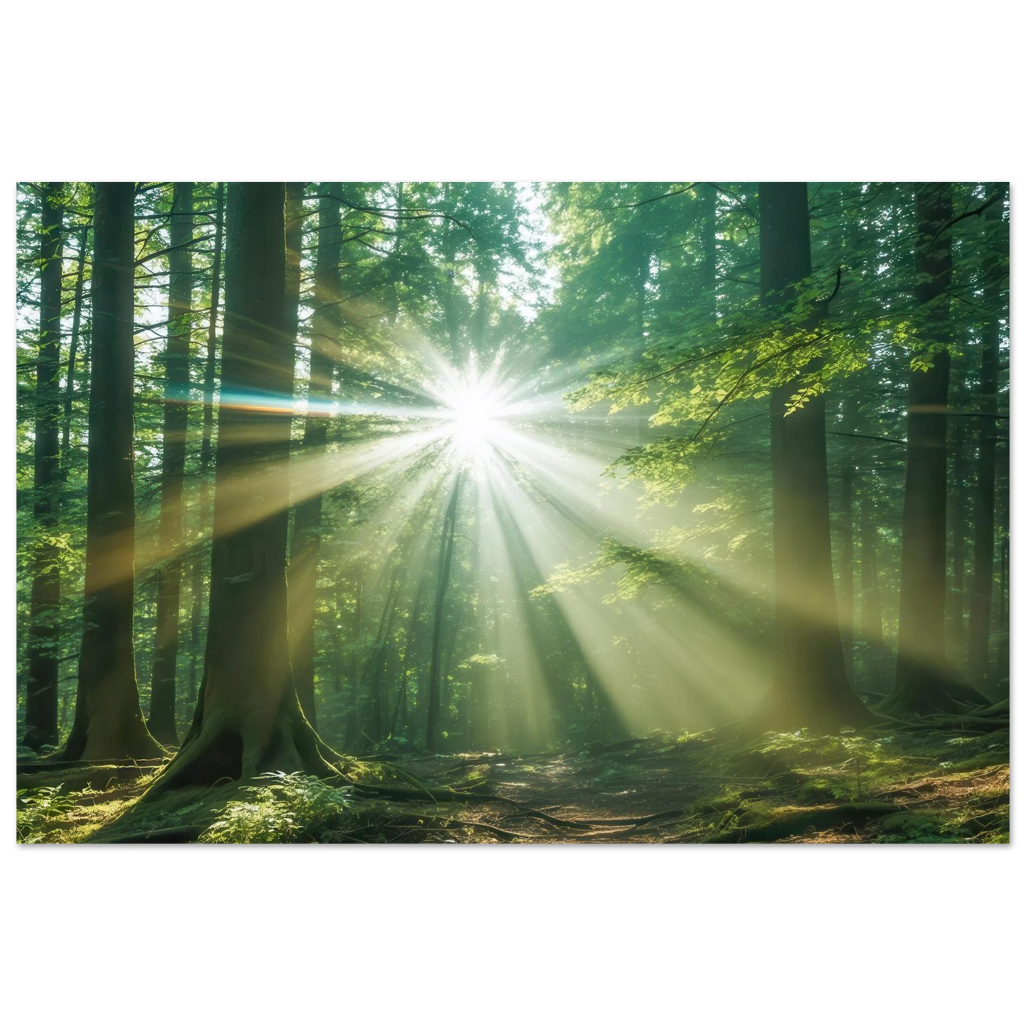 Wandbild sonnenstrahlen im wald mystisches waldlicht kunstdruck in ihrer wunschgroesse