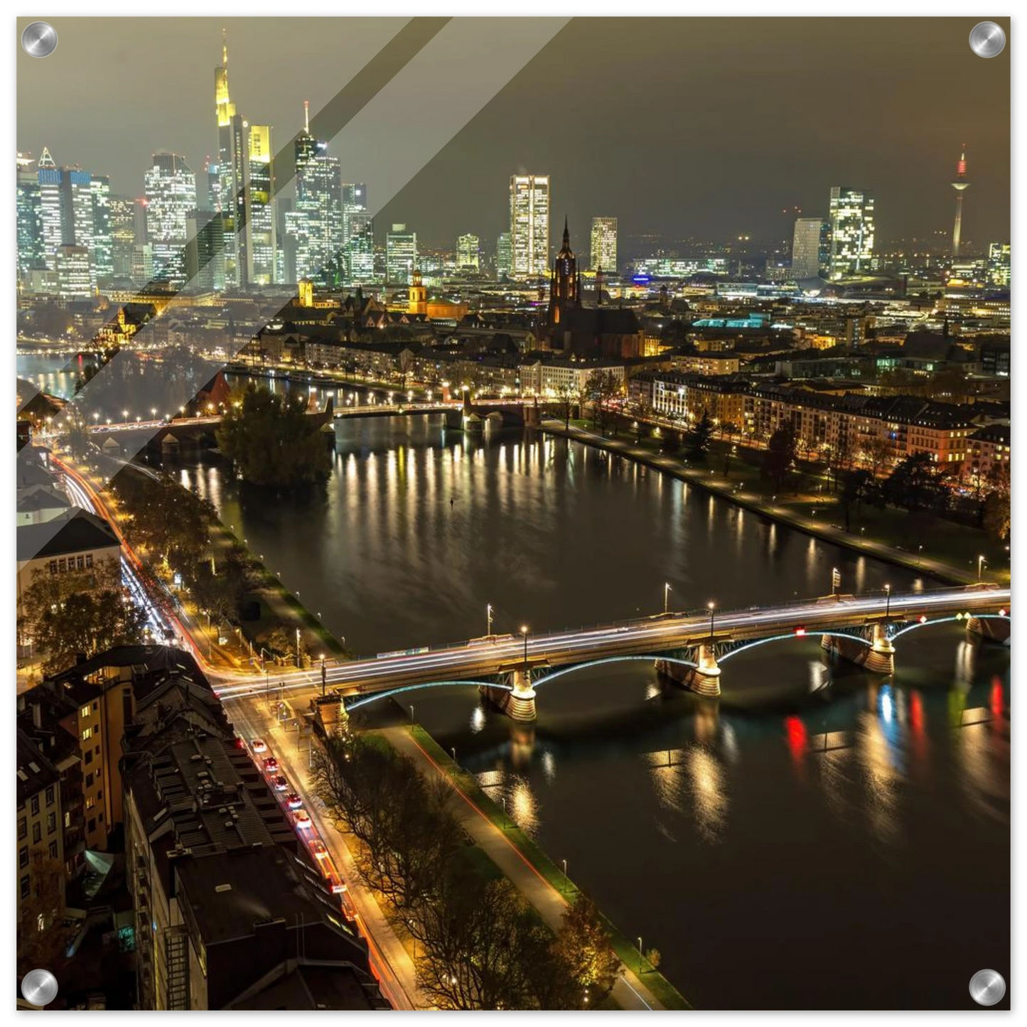 Wandbild golden leuchtende skyline modernes cityscape artwork in variablen groessen