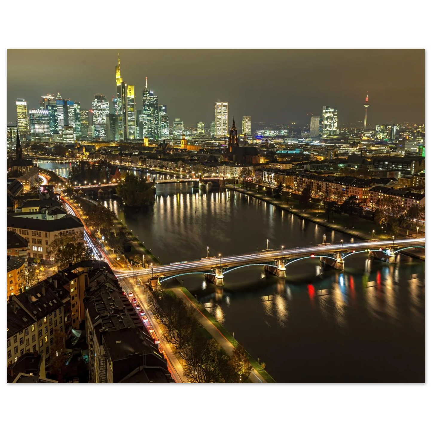 Wandbild golden leuchtende skyline modernes cityscape artwork in variablen groessen