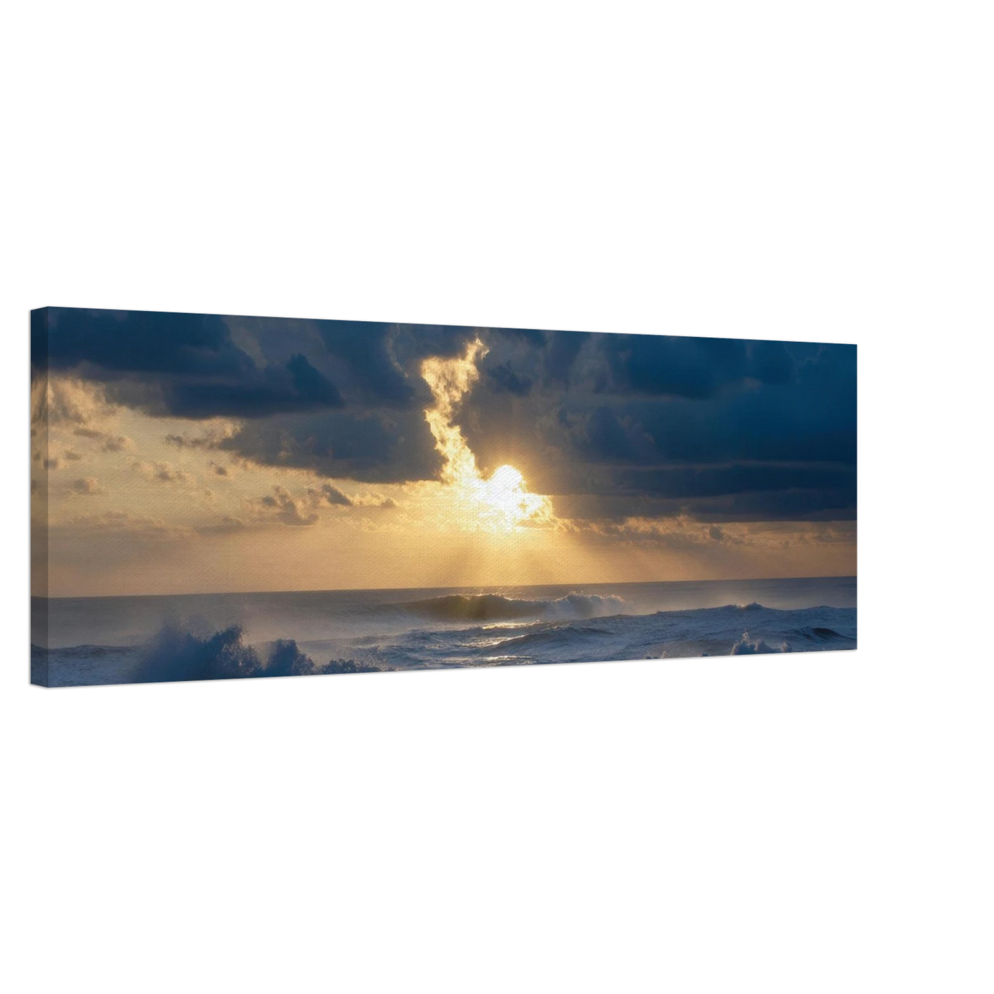 Wandbild dramatischer sonnenuntergang ueber stuermischer see lebendige wolken goldstrahlen fuer ihre wand