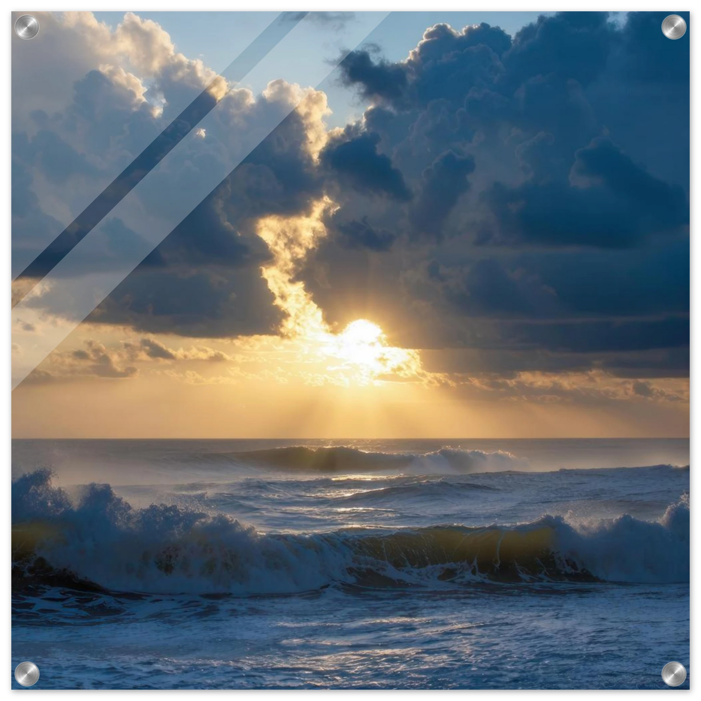 Wandbild dramatischer sonnenuntergang ueber stuermischer see lebendige wolken goldstrahlen fuer ihre wand