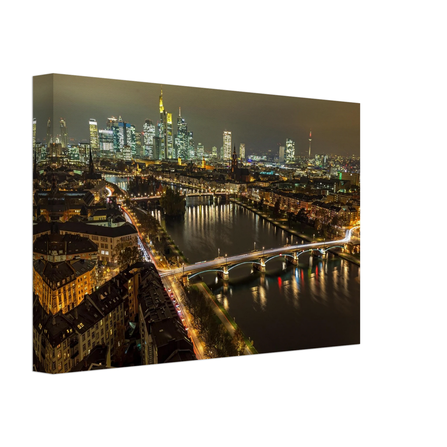 Wandbild golden leuchtende skyline modernes cityscape artwork in variablen groessen