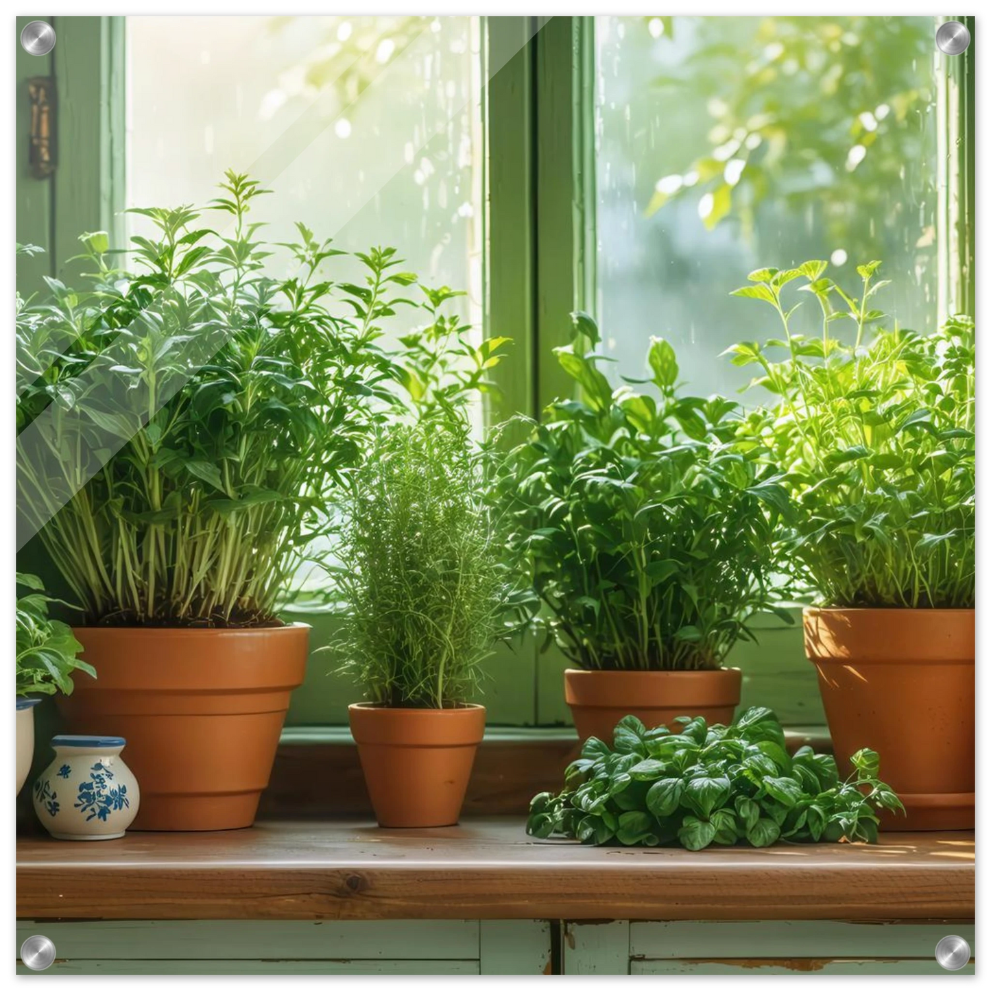 Wandbild mediterrane kraeuter am fenster frische gruen nuancen fuer ihr zuhause in vielen groessen