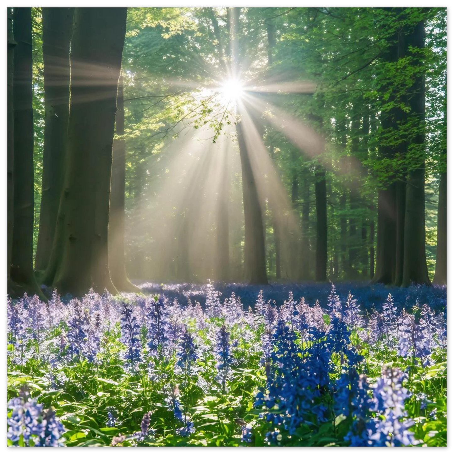 Wandbild bezaubernder wald mit sonnenstrahlen und lila bluetenmeer dein stueck natur