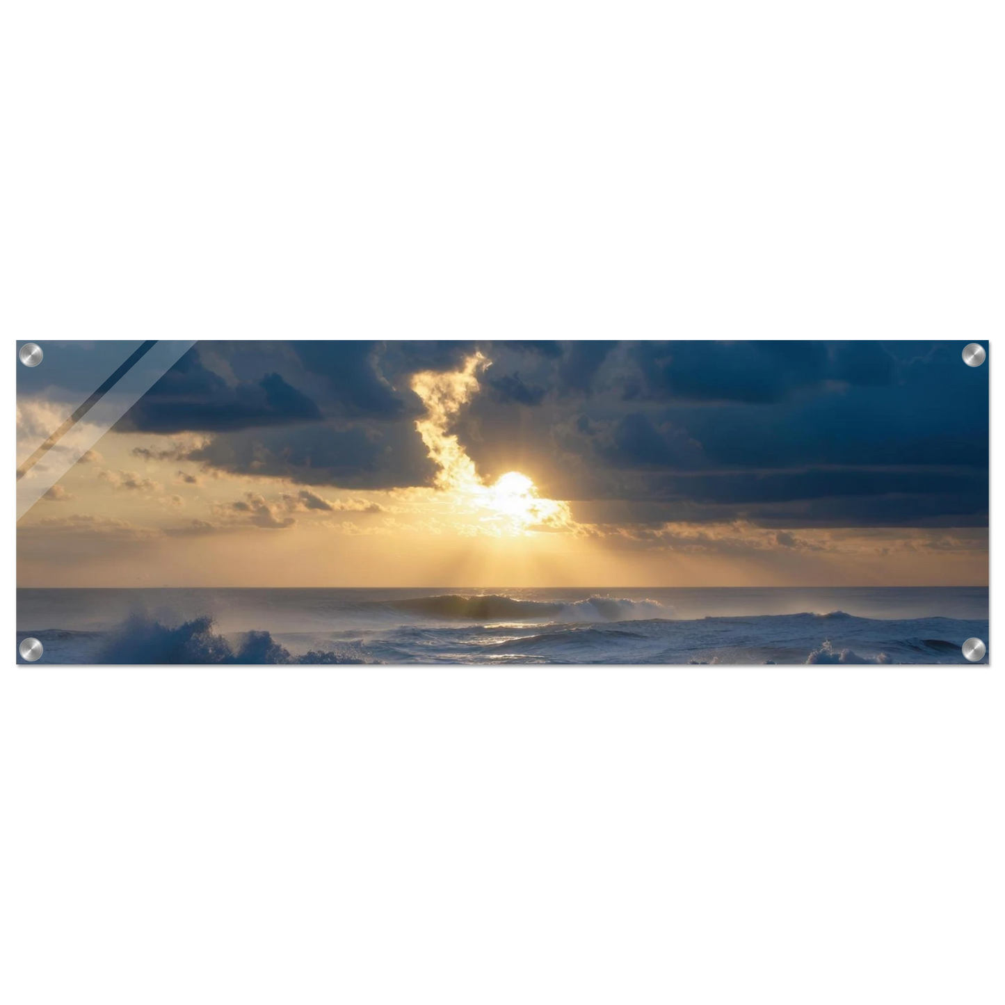 Wandbild dramatischer sonnenuntergang ueber stuermischer see lebendige wolken goldstrahlen fuer ihre wand