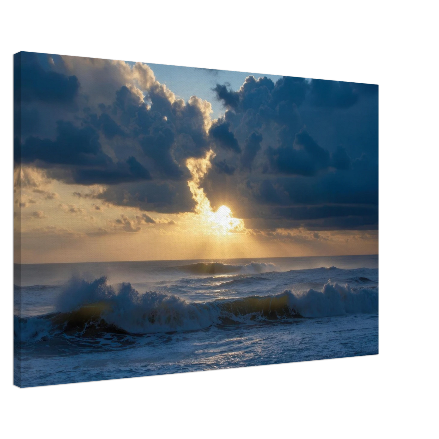 Wandbild dramatischer sonnenuntergang ueber stuermischer see lebendige wolken goldstrahlen fuer ihre wand