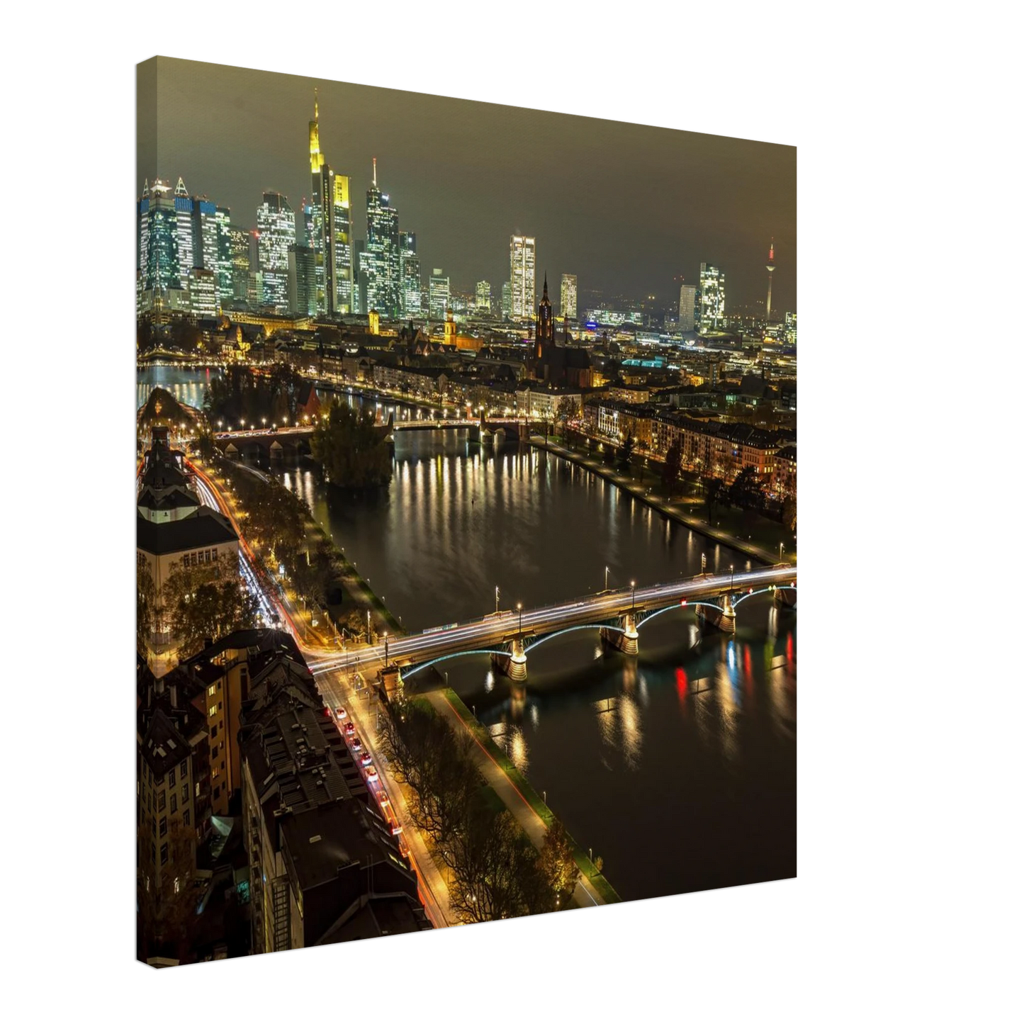 Wandbild golden leuchtende skyline modernes cityscape artwork in variablen groessen