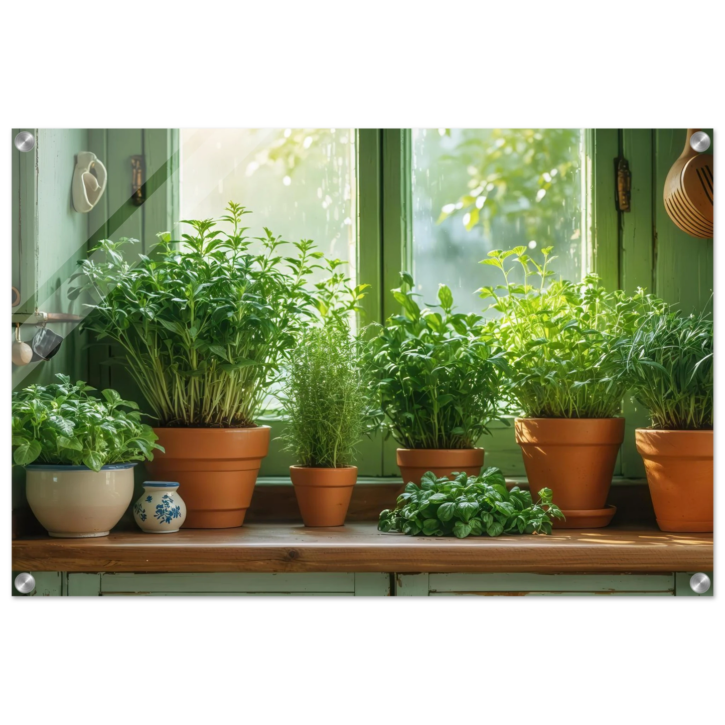 Wandbild mediterrane kraeuter am fenster frische gruen nuancen fuer ihr zuhause in vielen groessen