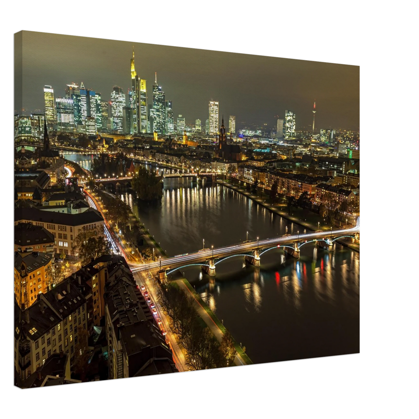 Wandbild golden leuchtende skyline modernes cityscape artwork in variablen groessen