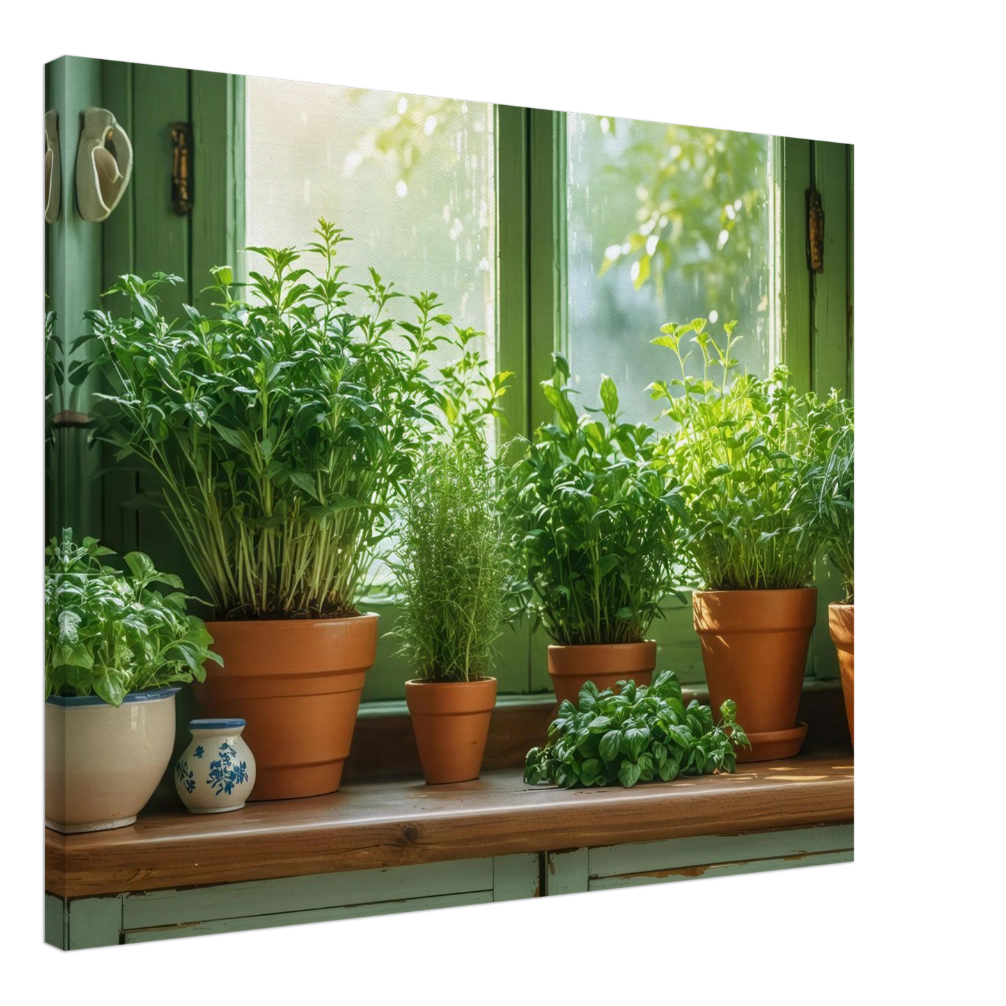 Wandbild mediterrane kraeuter am fenster frische gruen nuancen fuer ihr zuhause in vielen groessen