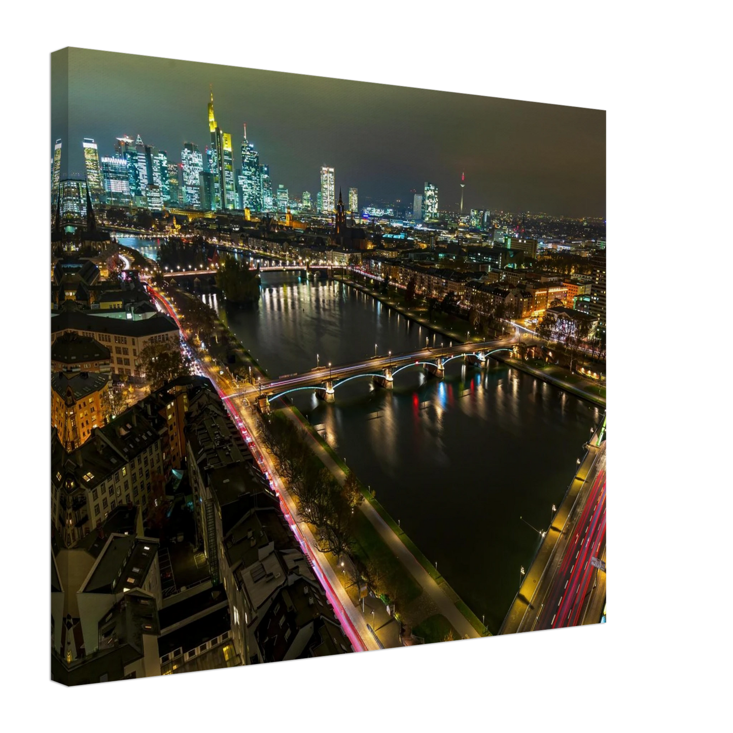 Wandbild frankfurt bei nacht pulsierende stadtansicht mit lichtspuren