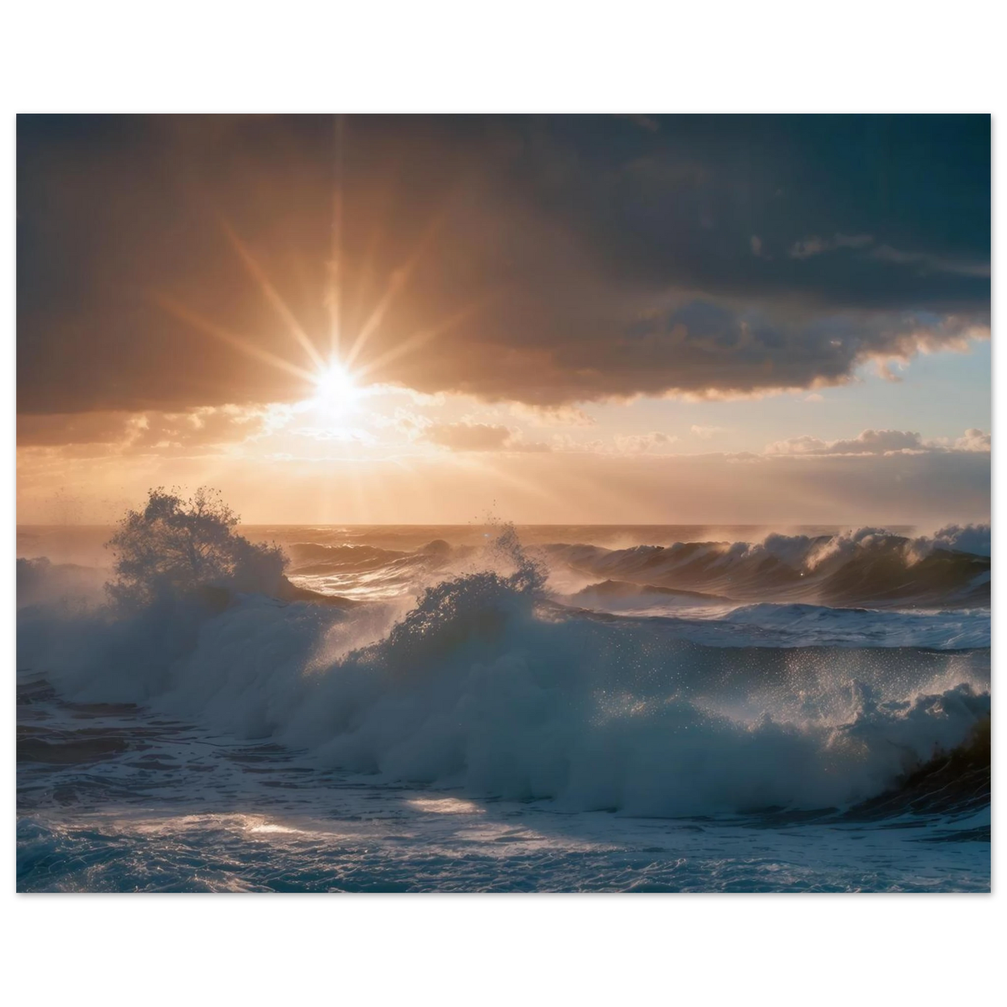 Wandbild dramatischer sonnenuntergang ueber stuermischen wellen ozean leinwanddruck in ihrer wunschgroesse