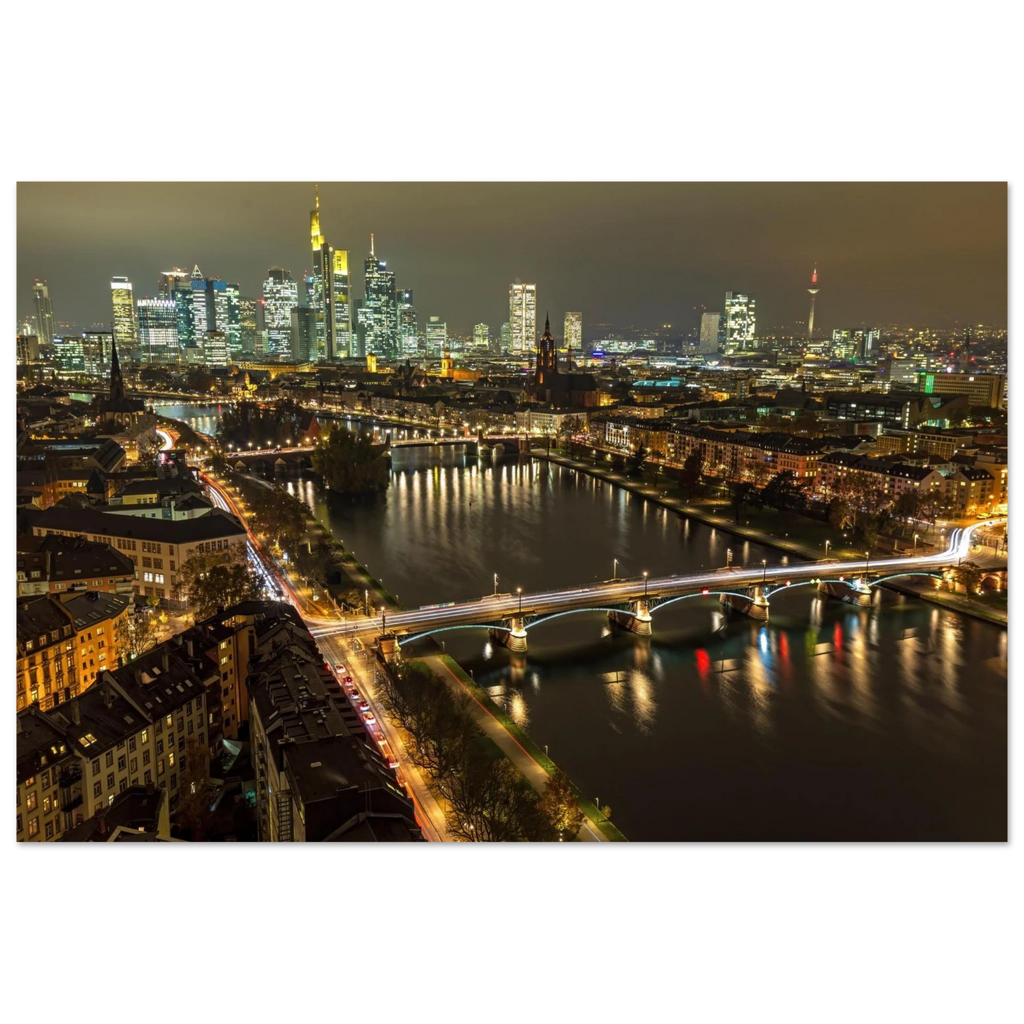 Wandbild golden leuchtende skyline modernes cityscape artwork in variablen groessen