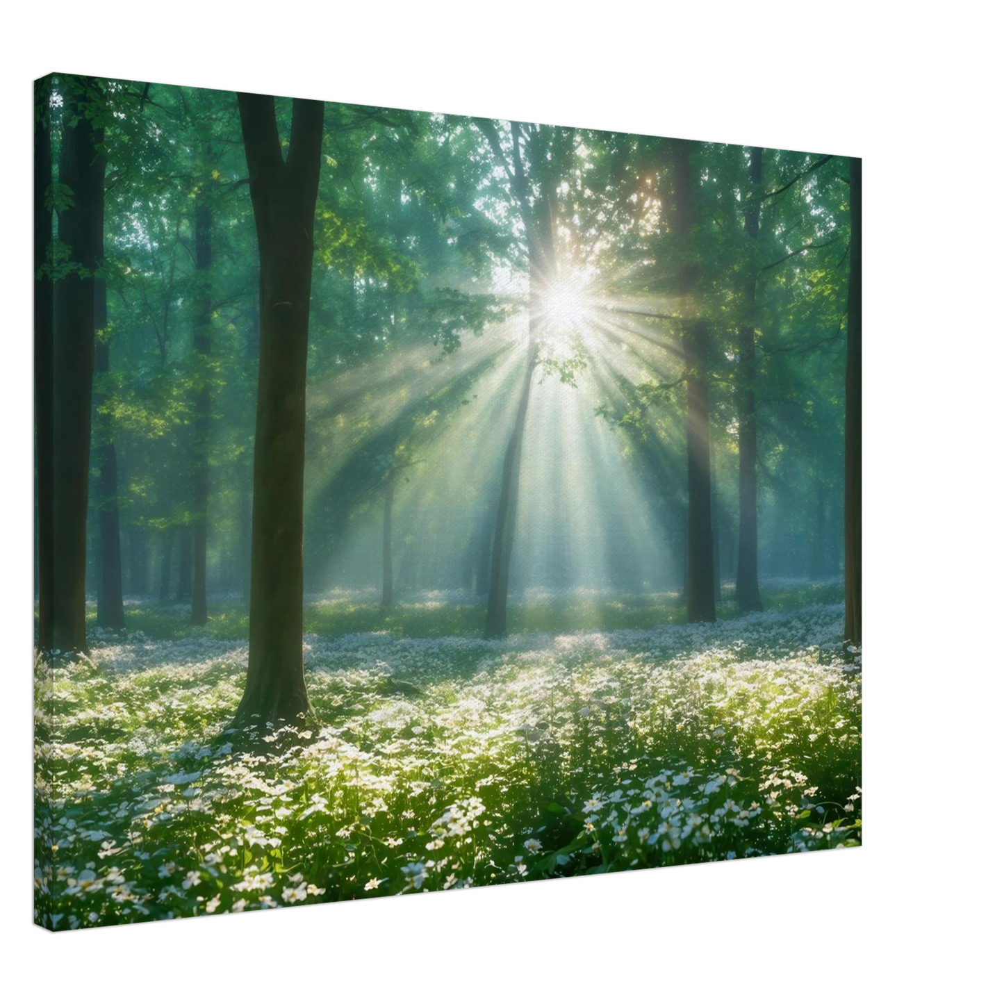 Wandbild mystischer wald sonnenstrahlen im gruenen bluetenmeer