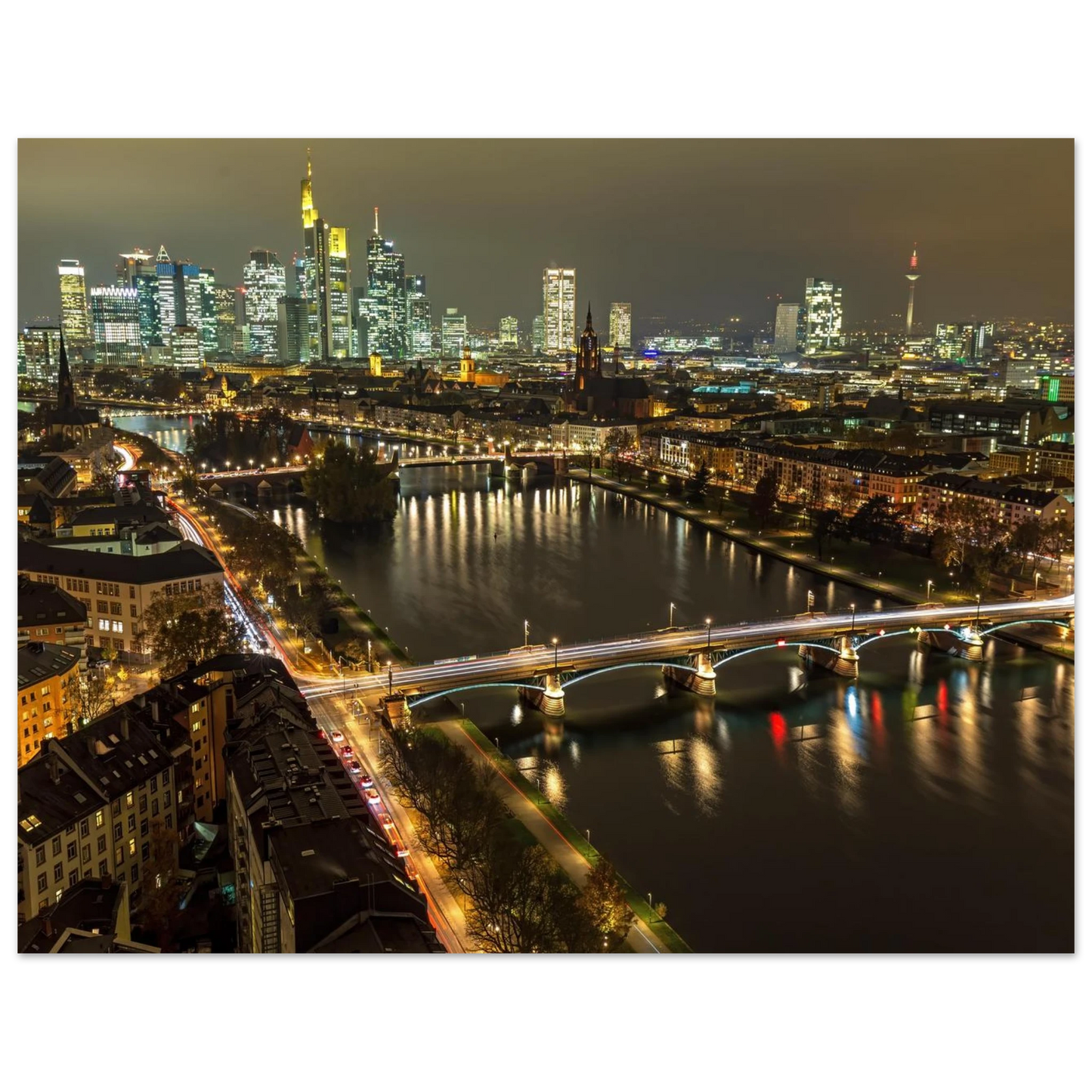 Wandbild golden leuchtende skyline modernes cityscape artwork in variablen groessen