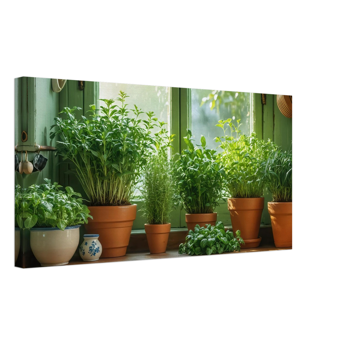Wandbild mediterrane kraeuter am fenster frische gruen nuancen fuer ihr zuhause in vielen groessen