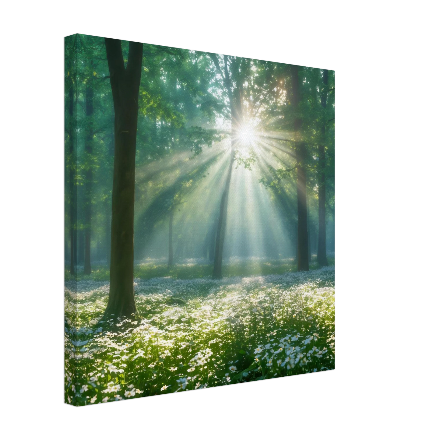 Wandbild mystischer wald sonnenstrahlen im gruenen bluetenmeer