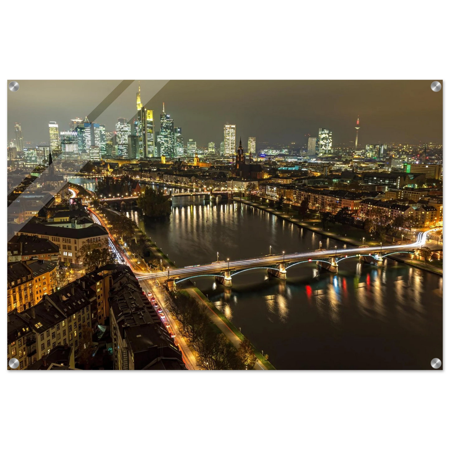 Wandbild golden leuchtende skyline modernes cityscape artwork in variablen groessen
