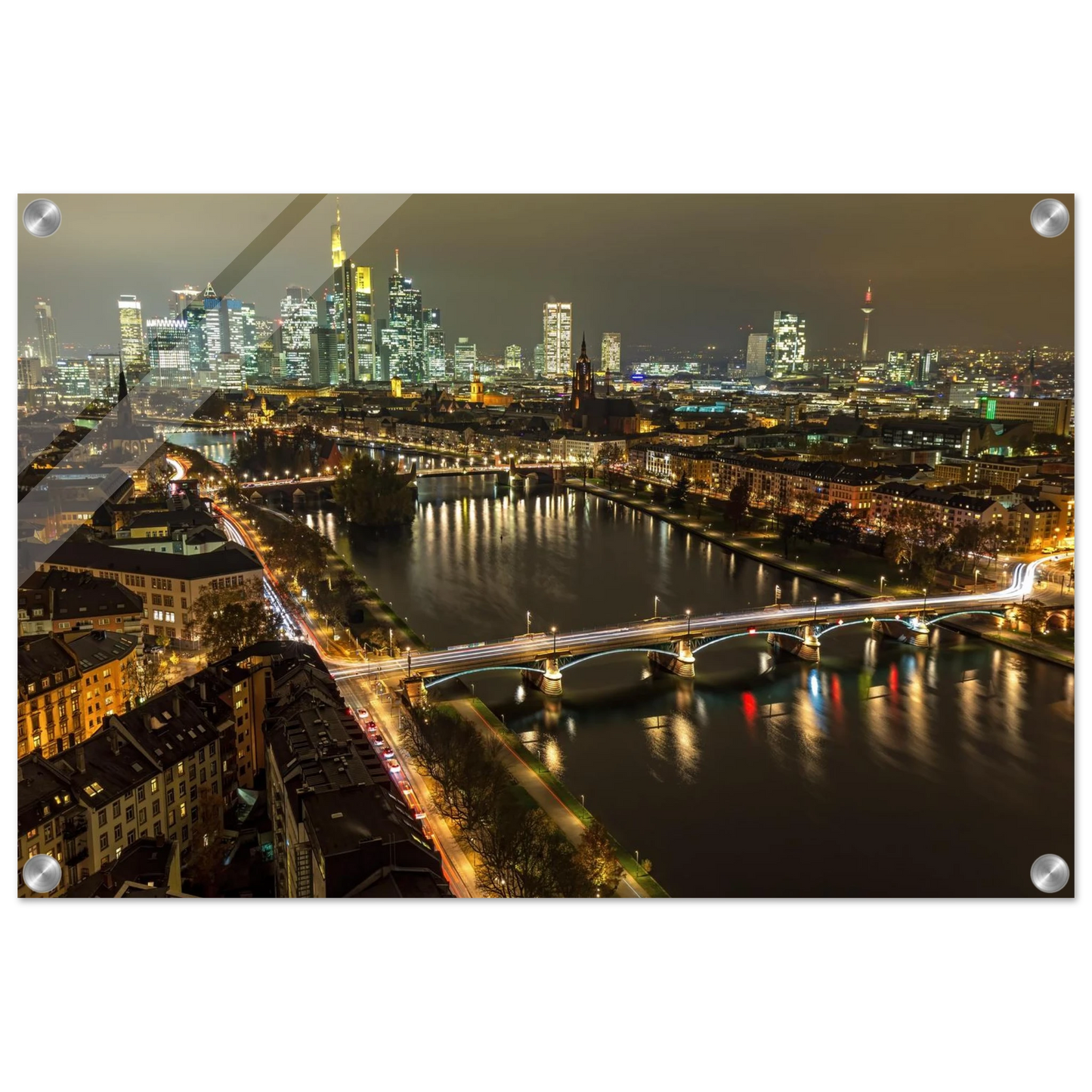Wandbild golden leuchtende skyline modernes cityscape artwork in variablen groessen