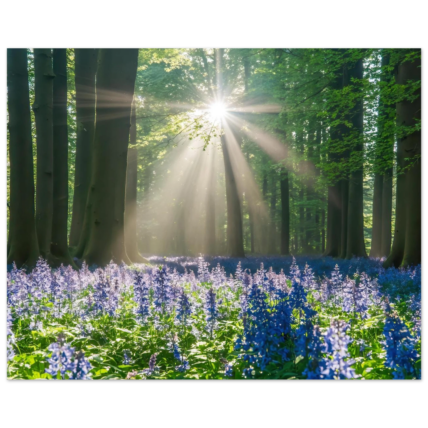 Wandbild bezaubernder wald mit sonnenstrahlen und lila bluetenmeer dein stueck natur