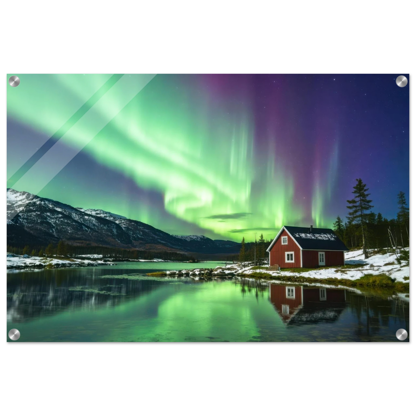 Wandbild nordlichter gemuetliche huette majestaetisches kunstwerk in lebendigen gruentoenen