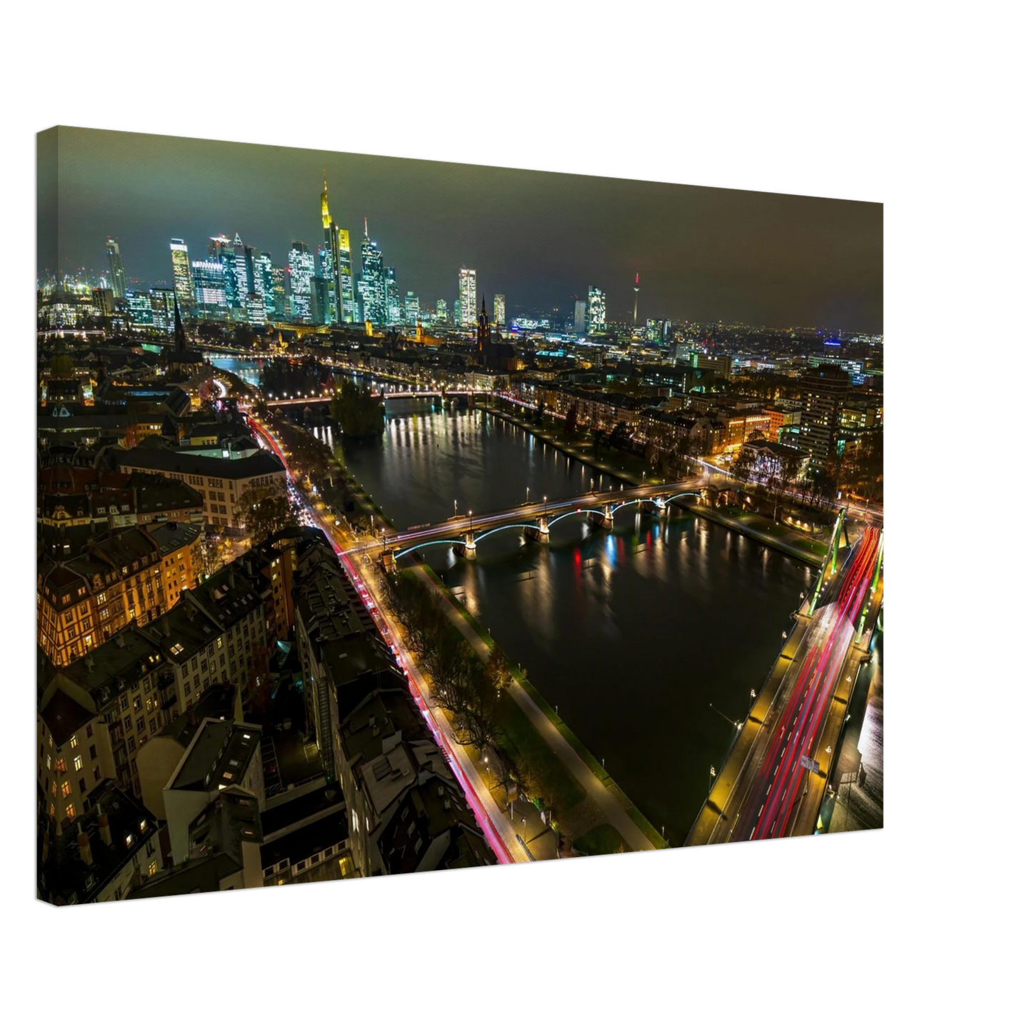 Wandbild frankfurt bei nacht pulsierende stadtansicht mit lichtspuren