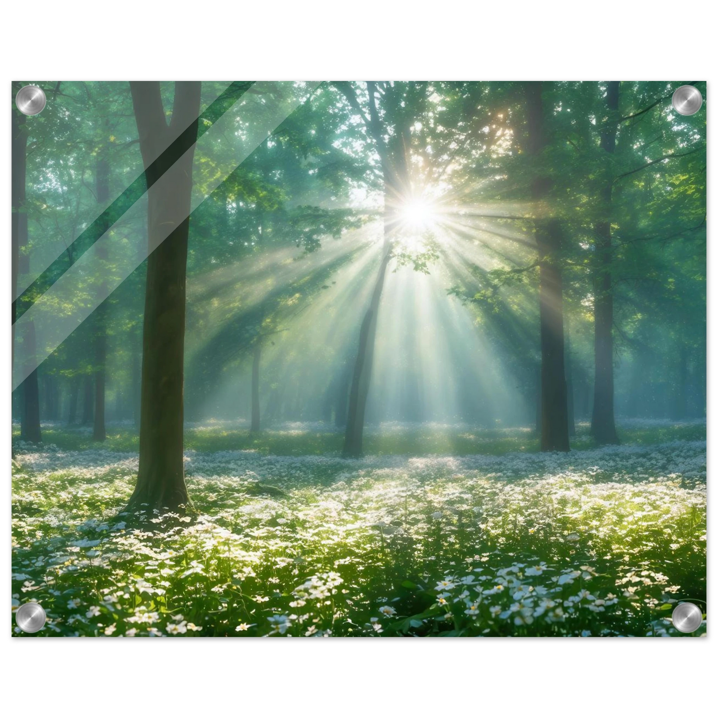 Wandbild mystischer wald sonnenstrahlen im gruenen bluetenmeer