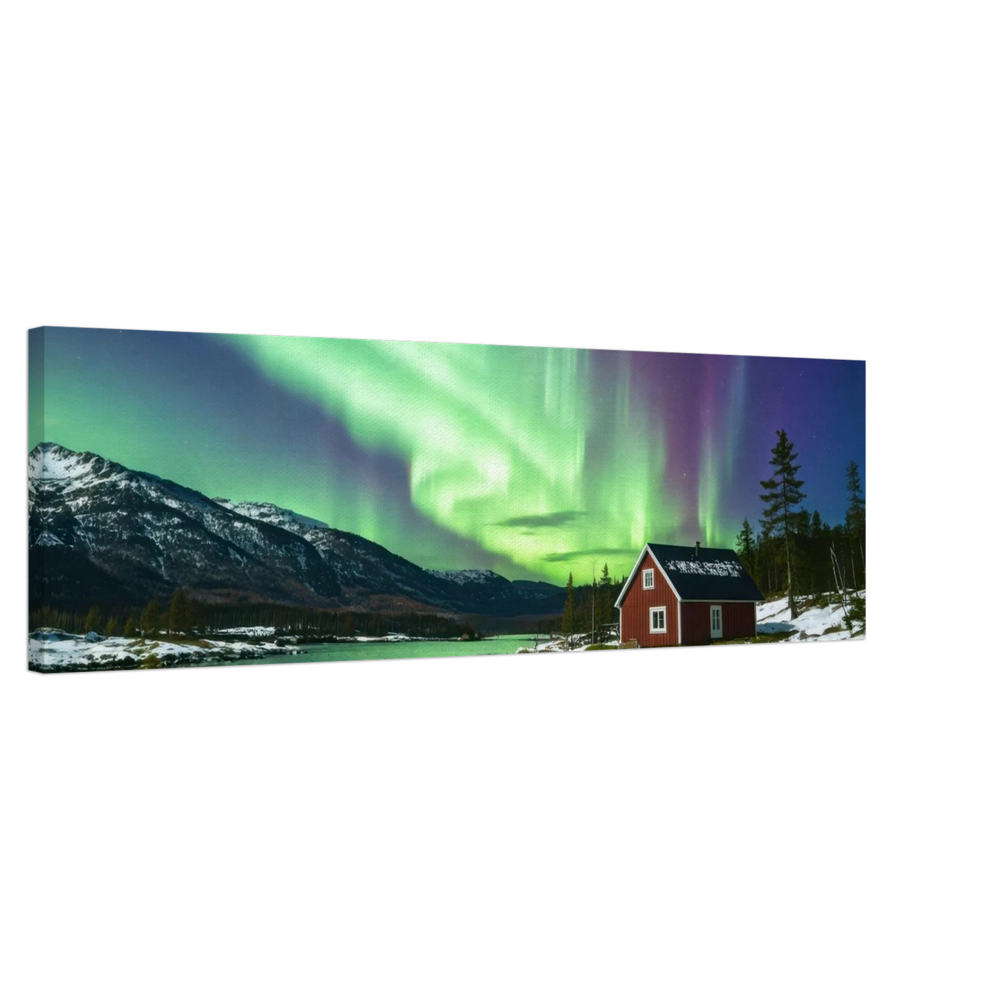 Wandbild nordlichter gemuetliche huette majestaetisches kunstwerk in lebendigen gruentoenen