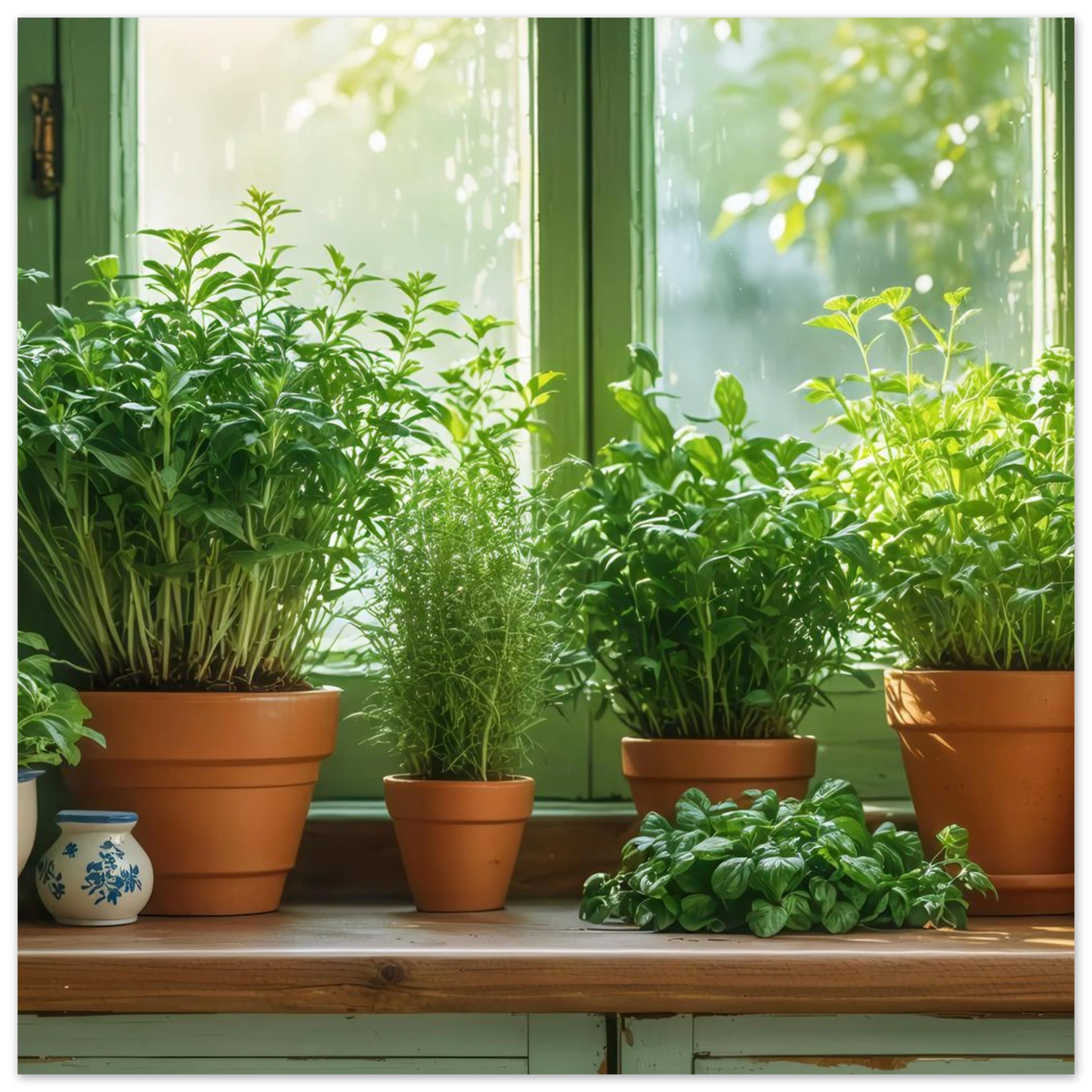 Wandbild mediterrane kraeuter am fenster frische gruen nuancen fuer ihr zuhause in vielen groessen