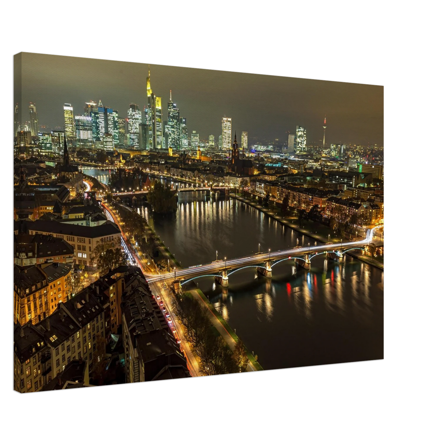 Wandbild golden leuchtende skyline modernes cityscape artwork in variablen groessen