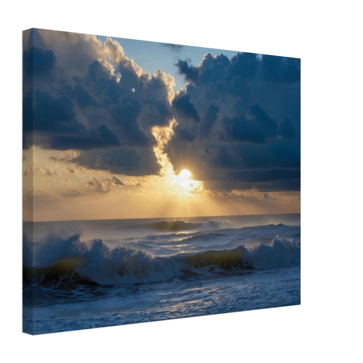 Wandbild dramatischer sonnenuntergang ueber stuermischer see lebendige wolken goldstrahlen fuer ihre wand