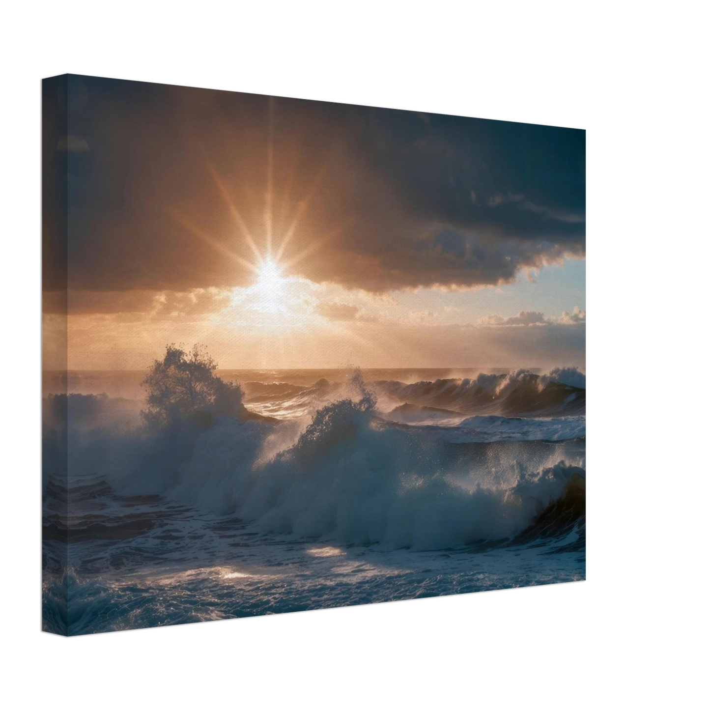 Wandbild dramatischer sonnenuntergang ueber stuermischen wellen ozean leinwanddruck in ihrer wunschgroesse