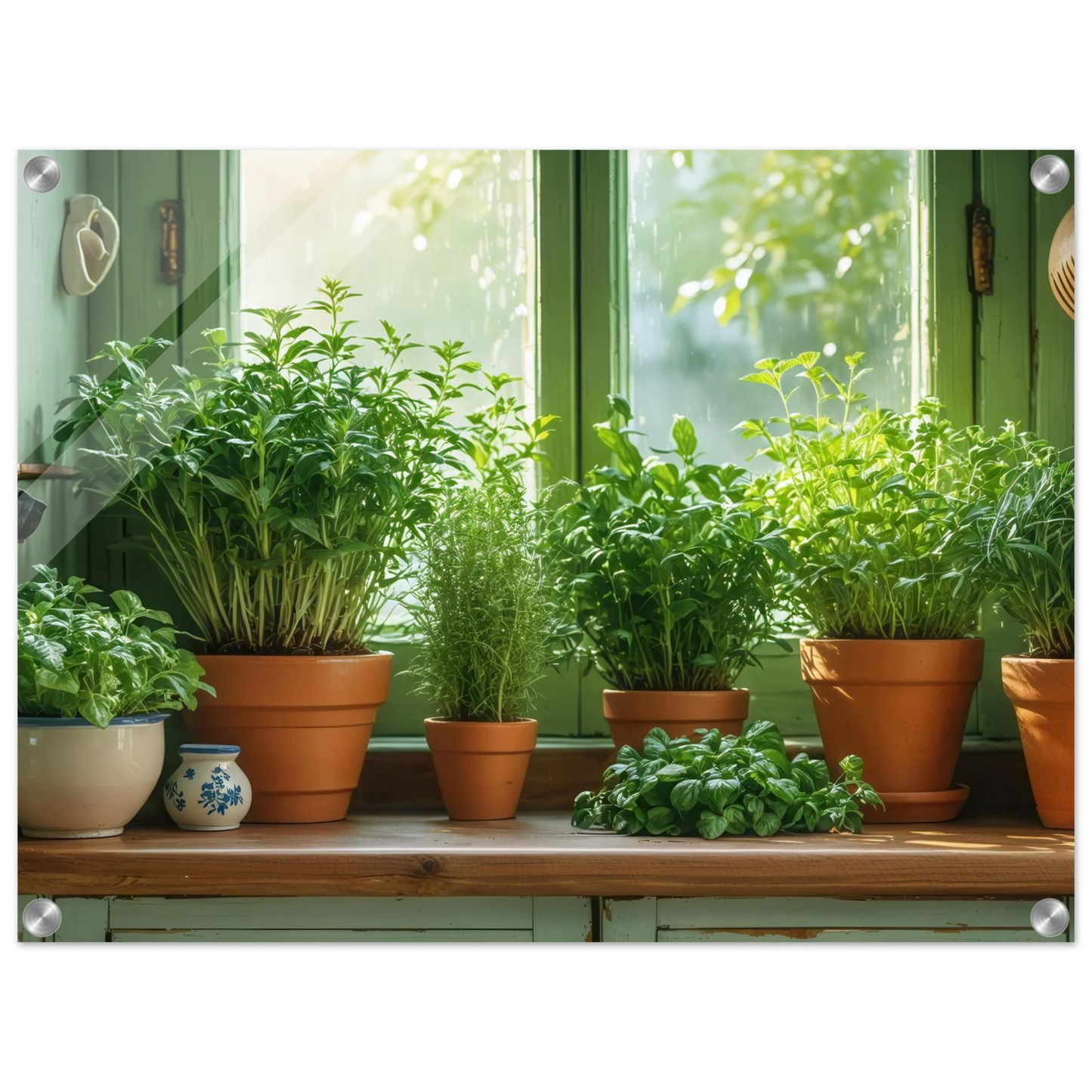 Wandbild mediterrane kraeuter am fenster frische gruen nuancen fuer ihr zuhause in vielen groessen