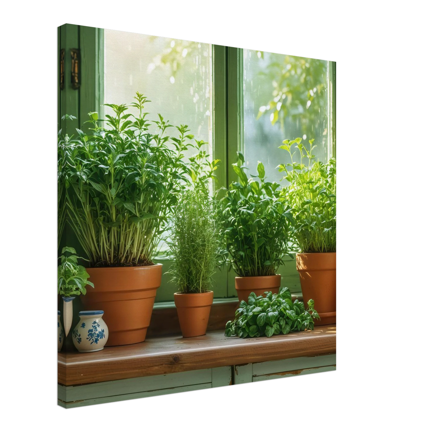 Wandbild mediterrane kraeuter am fenster frische gruen nuancen fuer ihr zuhause in vielen groessen