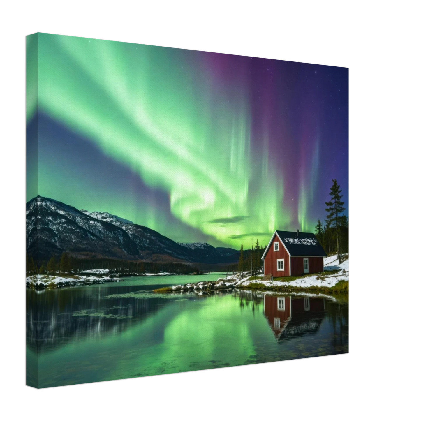 Wandbild nordlichter gemuetliche huette majestaetisches kunstwerk in lebendigen gruentoenen