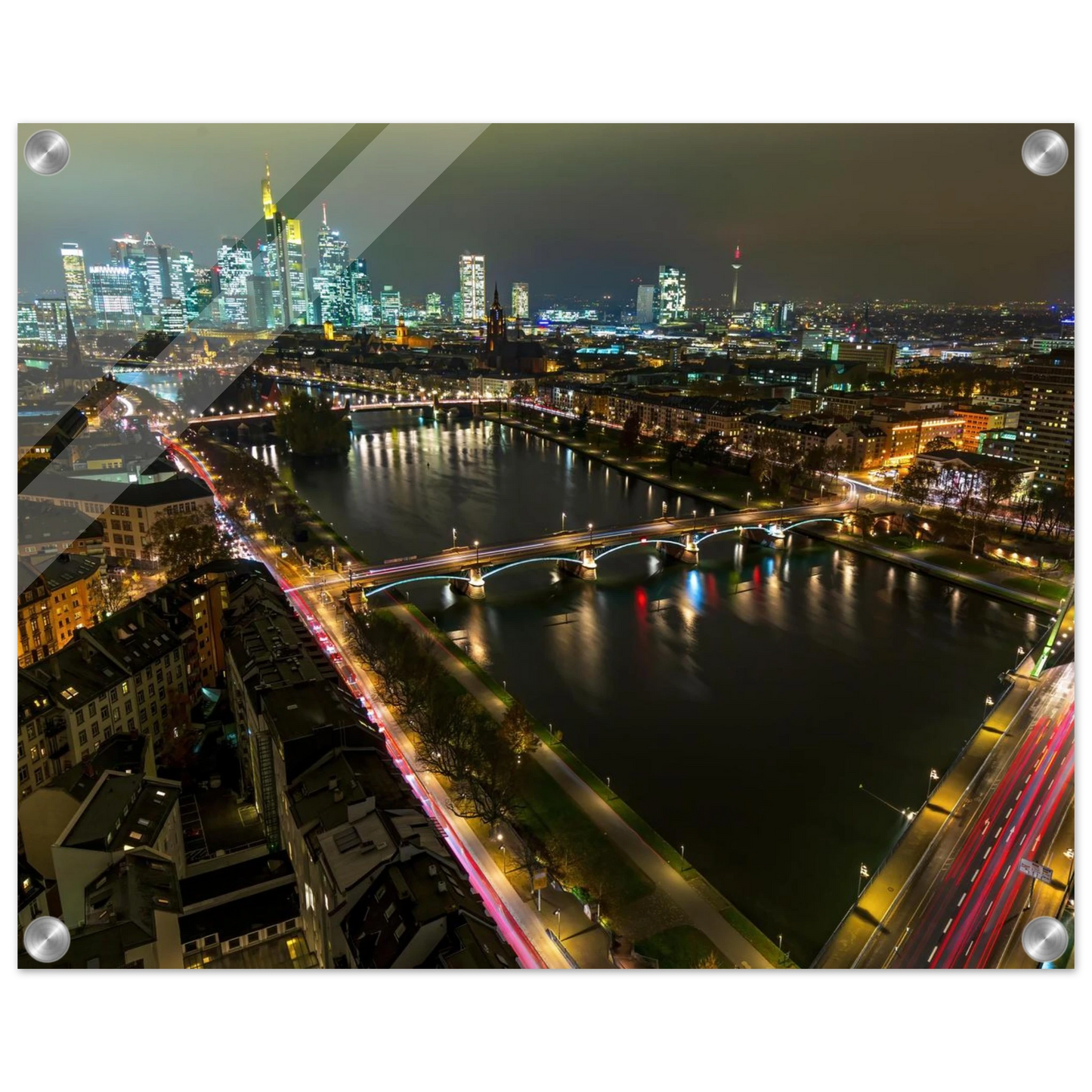 Wandbild frankfurt bei nacht pulsierende stadtansicht mit lichtspuren