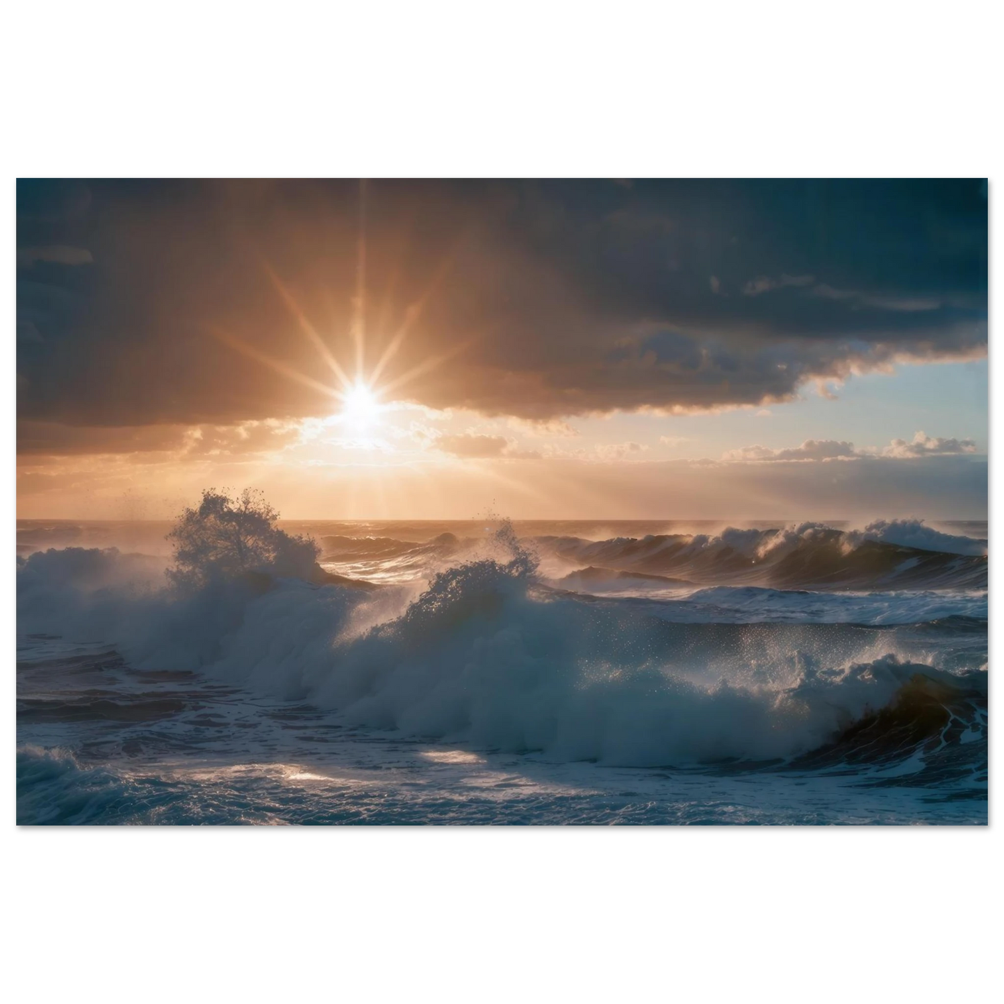 Wandbild dramatischer sonnenuntergang ueber stuermischen wellen ozean leinwanddruck in ihrer wunschgroesse