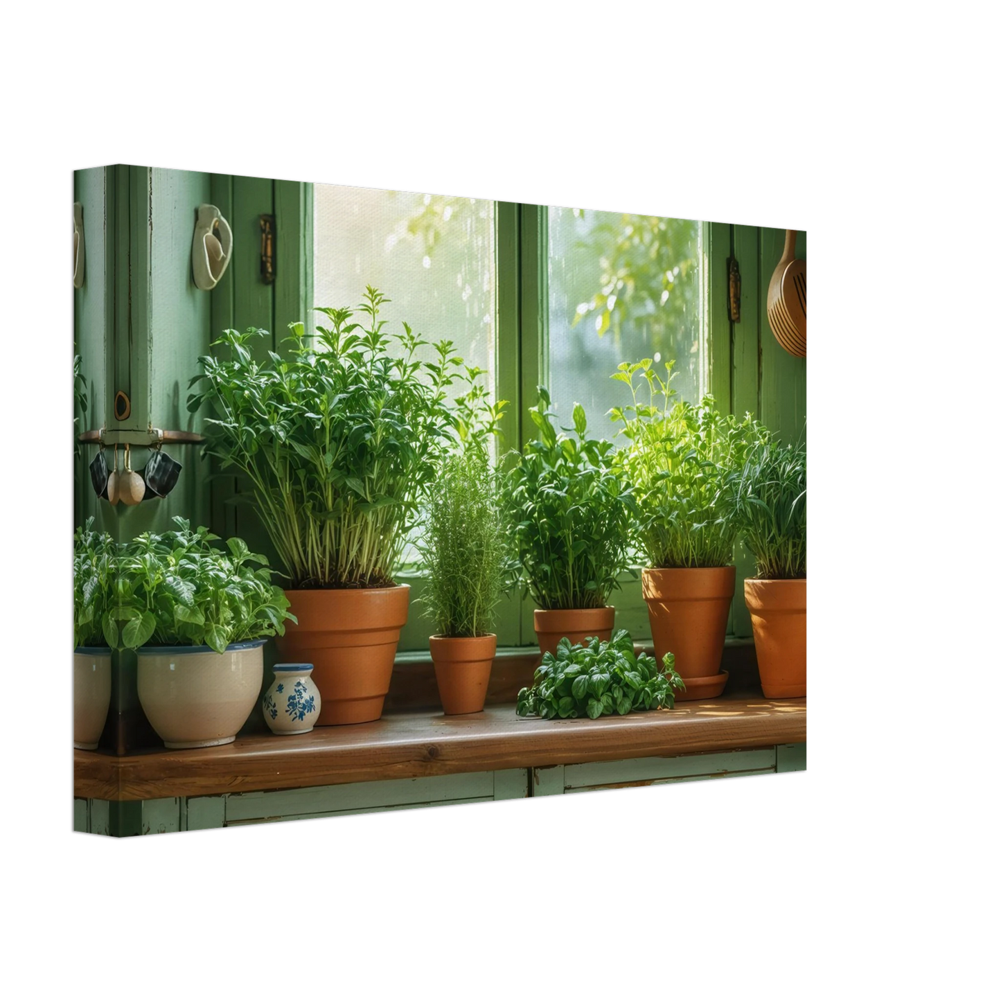Wandbild mediterrane kraeuter am fenster frische gruen nuancen fuer ihr zuhause in vielen groessen