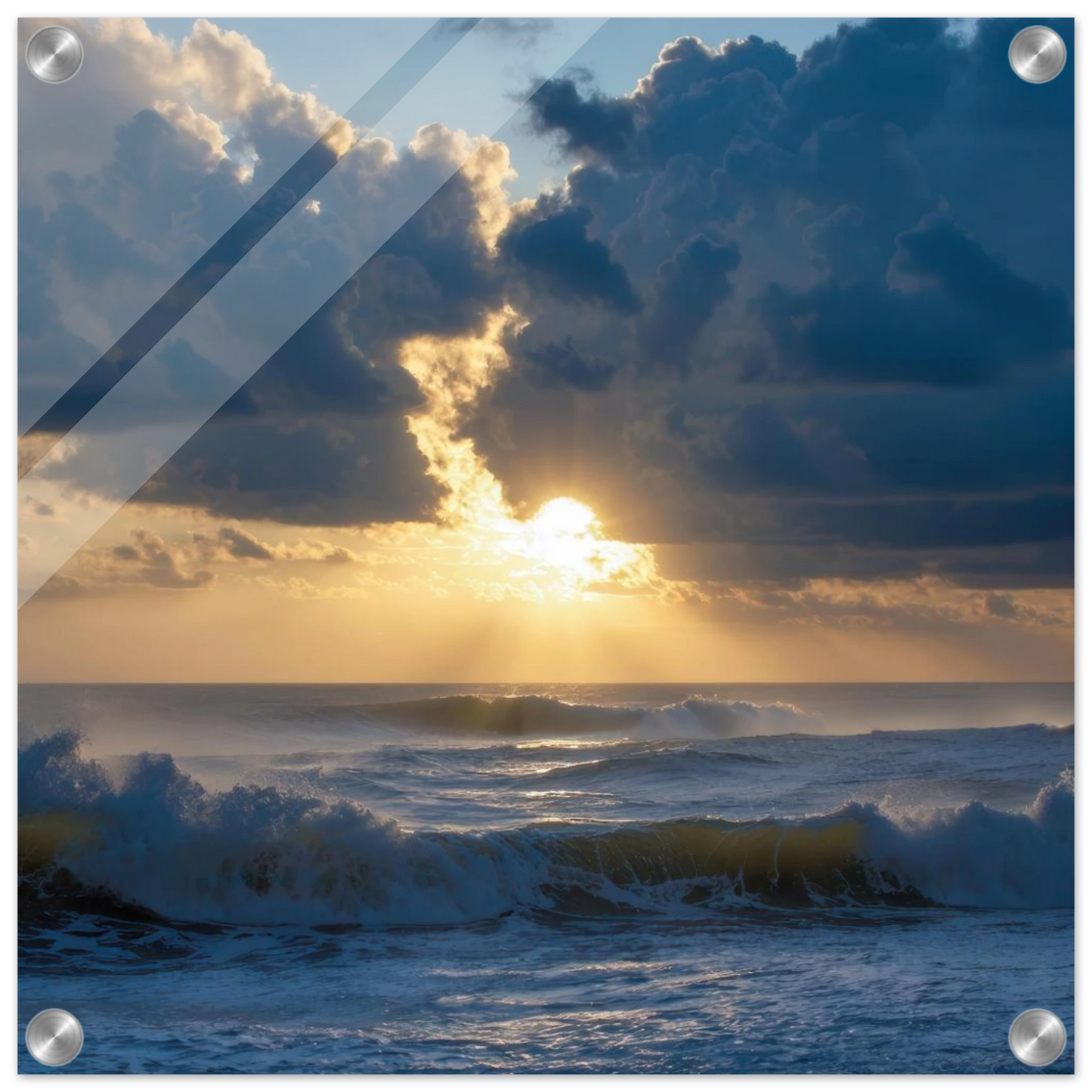 Wandbild dramatischer sonnenuntergang ueber stuermischer see lebendige wolken goldstrahlen fuer ihre wand